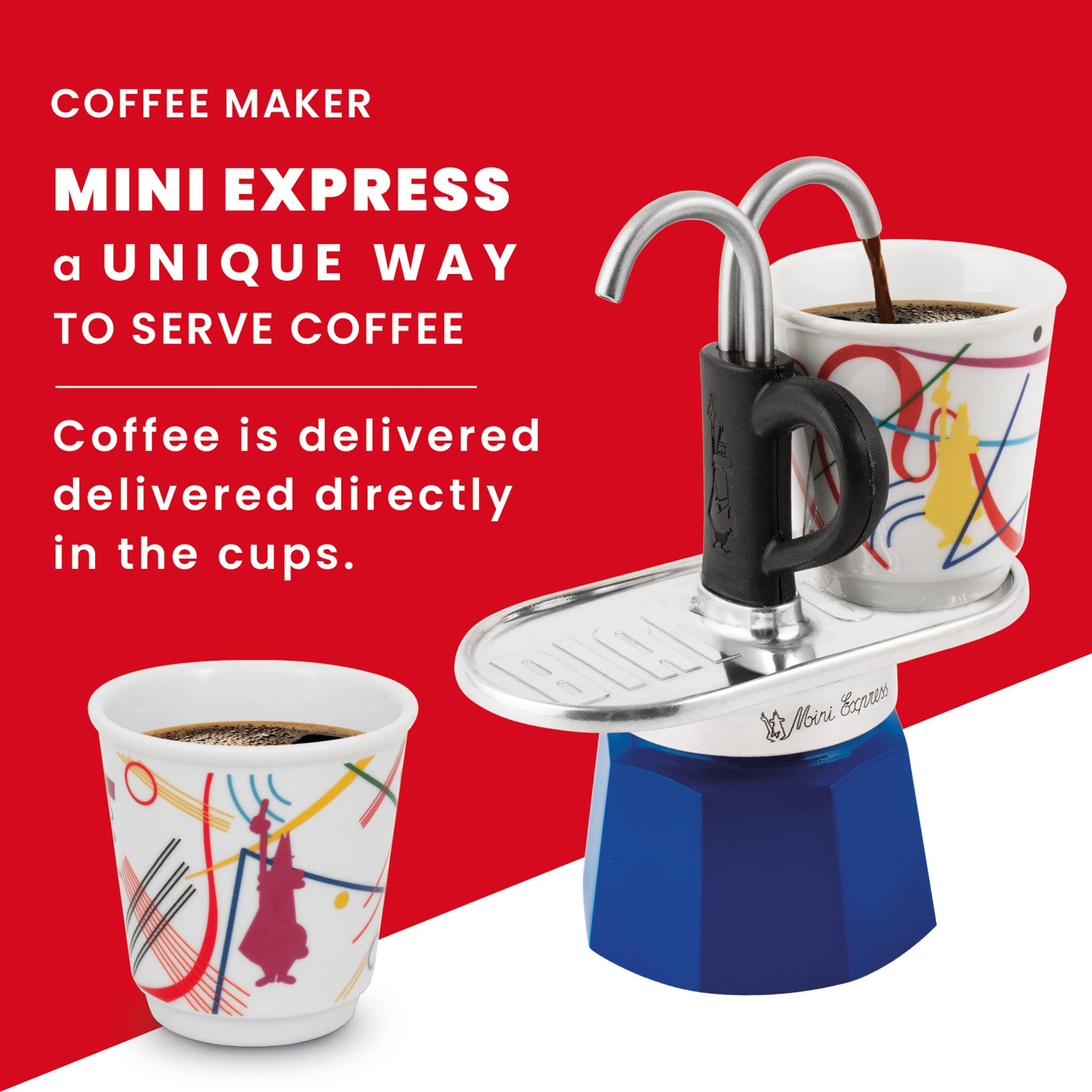 Bialetti - Mini Express Kandinsky: Moka Set Includes Coffee Maker 2-Cups (2.8 Oz) + 2 Shot Glasses, Light Blue, Aluminum