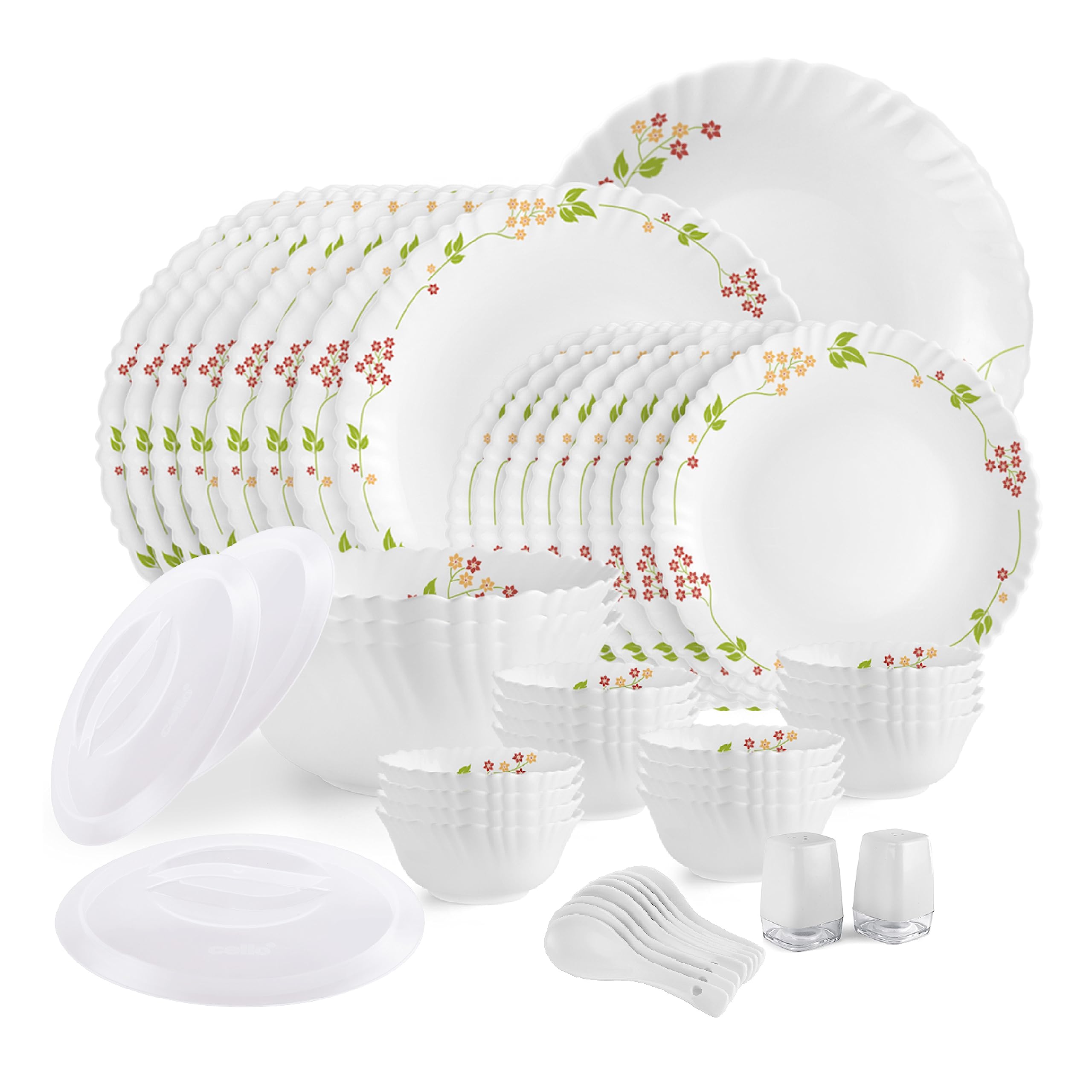 Cello Opalware Dazzle Series Secret Garden Dinner Set, 49Pcs | Opal Glass Dinner Set For 8 | Light-Weight, Daily Use Crockery Se