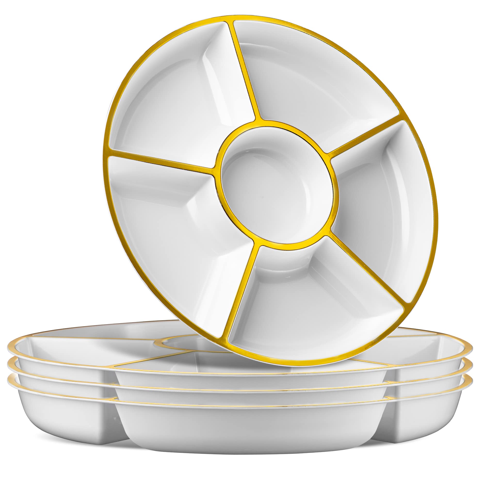Plasticpro 6 Sectional Round Plastic Serving Tray/Platter (8, White & Gold)