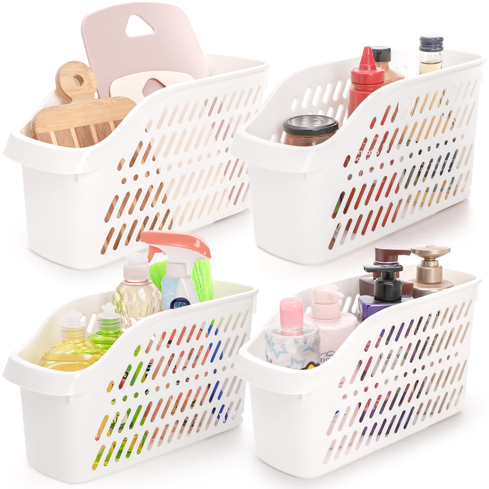 Coloch 4 Pack Plastic Under Sink Organizer with Wheels, Roll Out Bottle Organization Bins Narrow Kitchen Cabinet Organizers Mult