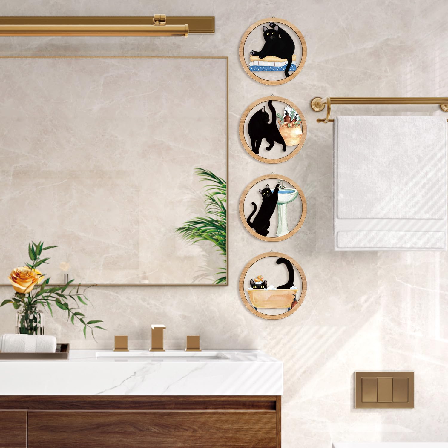HPNIUB Funny Bathrooms Wall Decor, Black Cats In the Bath Wood Sign, 4 Pieces 10    x10     Farmhouse Wooden Hanging Sign for To
