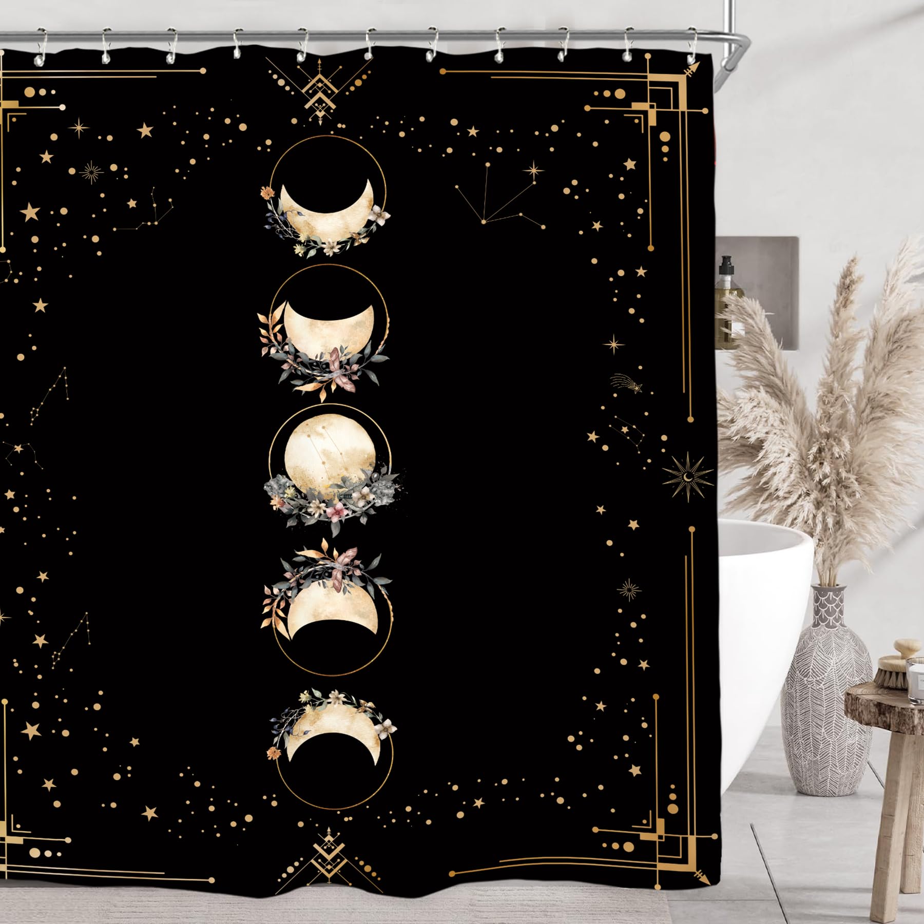 Miyotaa Moon Phase Moonlit Gothic Shower Curtain Set 60Wx71H Inches Black Witchy Tarot Mysterious Zodiac Constellation Astrology
