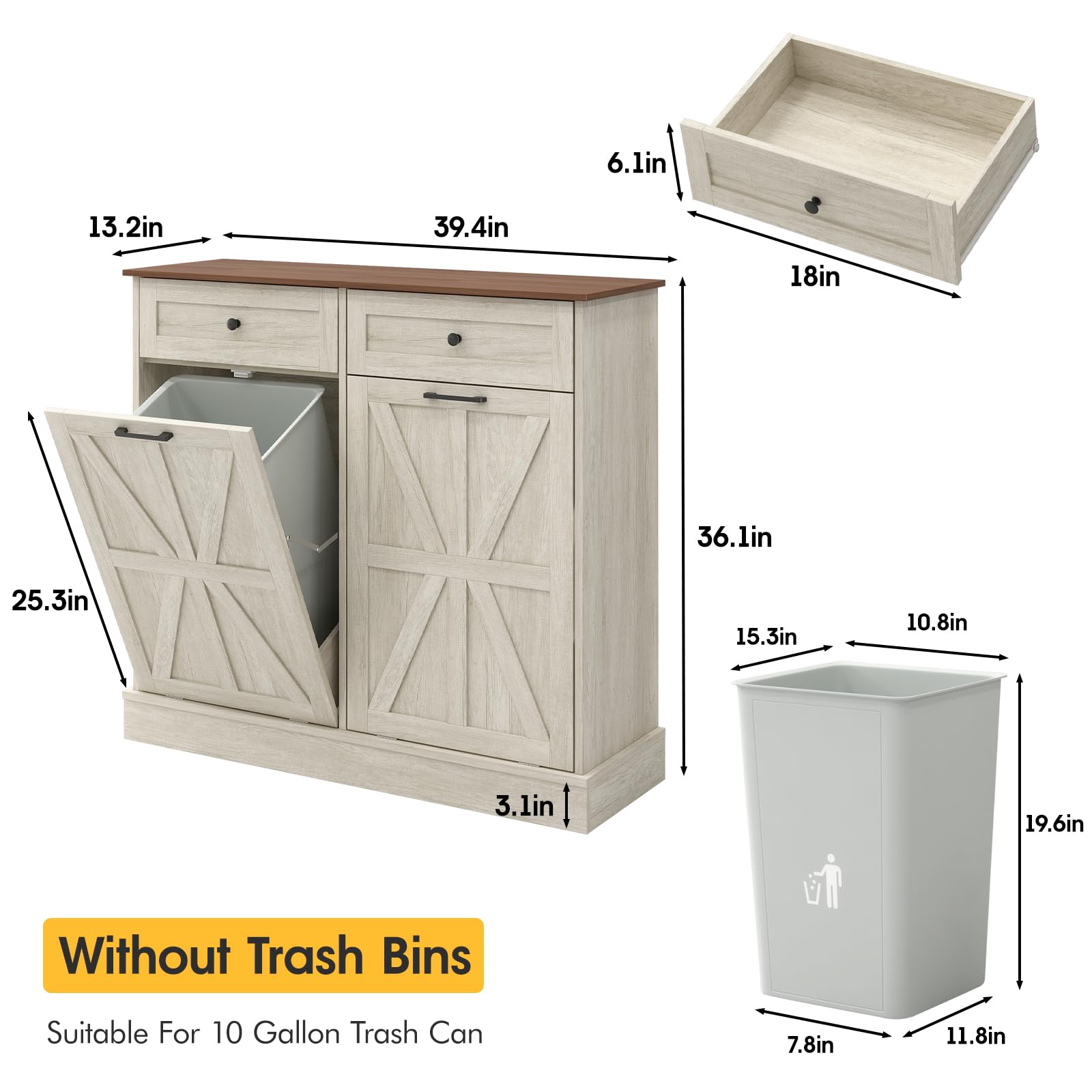 Halitaa Trash Can Cabinet, Double Tilt Out Trash Cabinet With 2 Drawers, Hidden Kitchen Trash Bin Cabinet For 10 Gallon Garbage