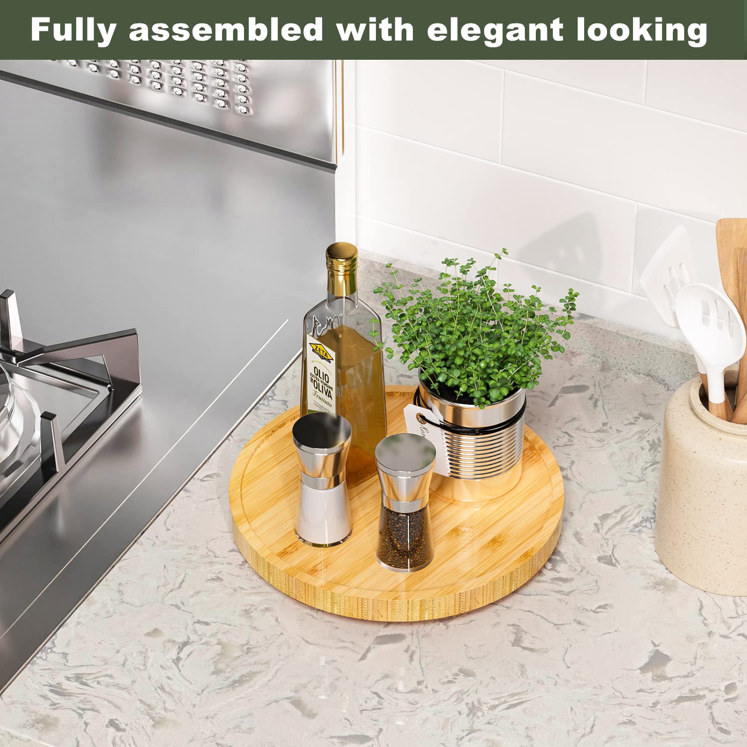 Lazy Susan Organizer, 10 Inch Non-Skid Bamboo Turntable Organizer For Salt Pepper Olive Oil And Spices Next To Stove, Wooden Laz