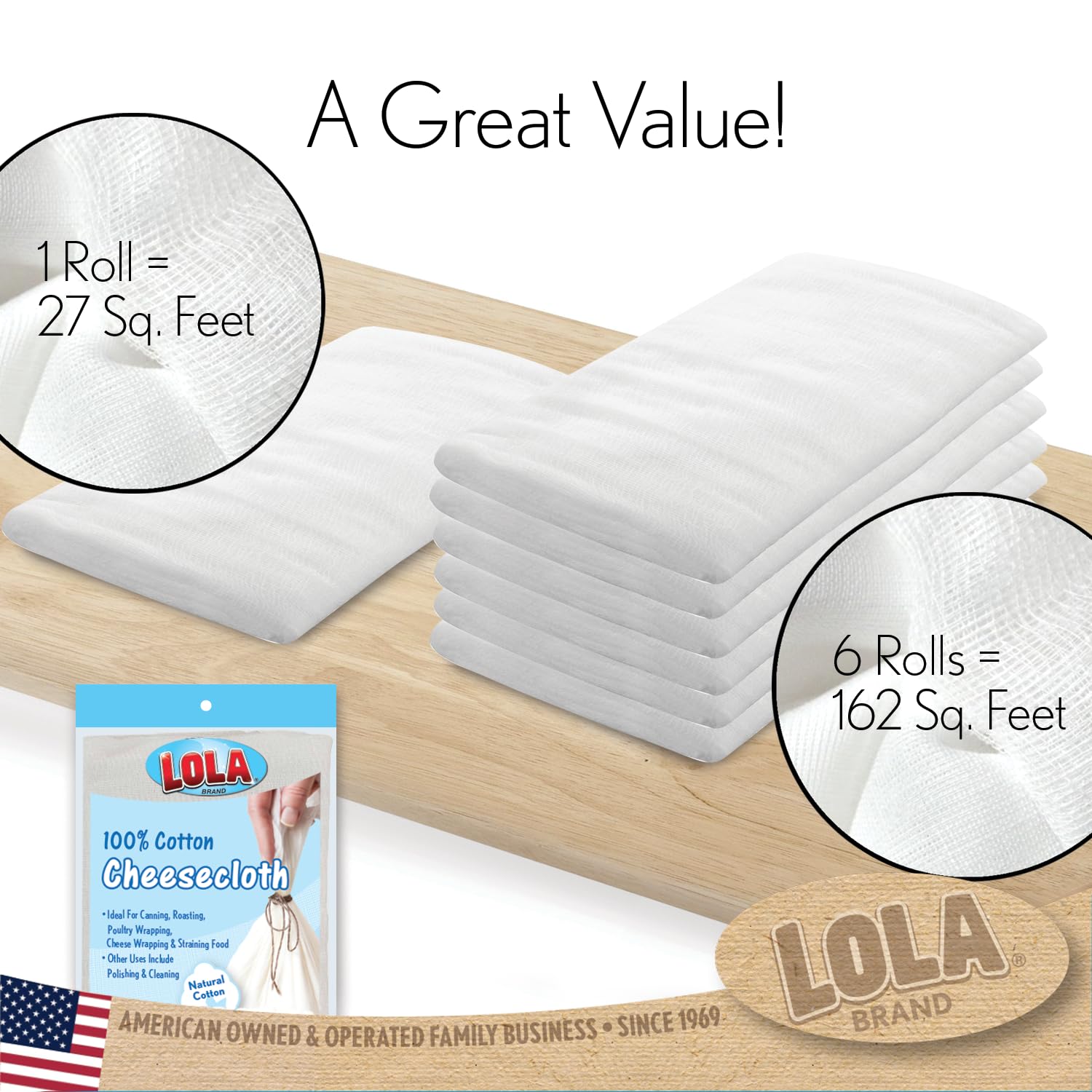Lola Products Cheese Cloth, 162 Sq. Feet, 100% Cotton, Lint Free, For Poultry Wrapping, Cooking, Straining & Cheese, 6 Packs At