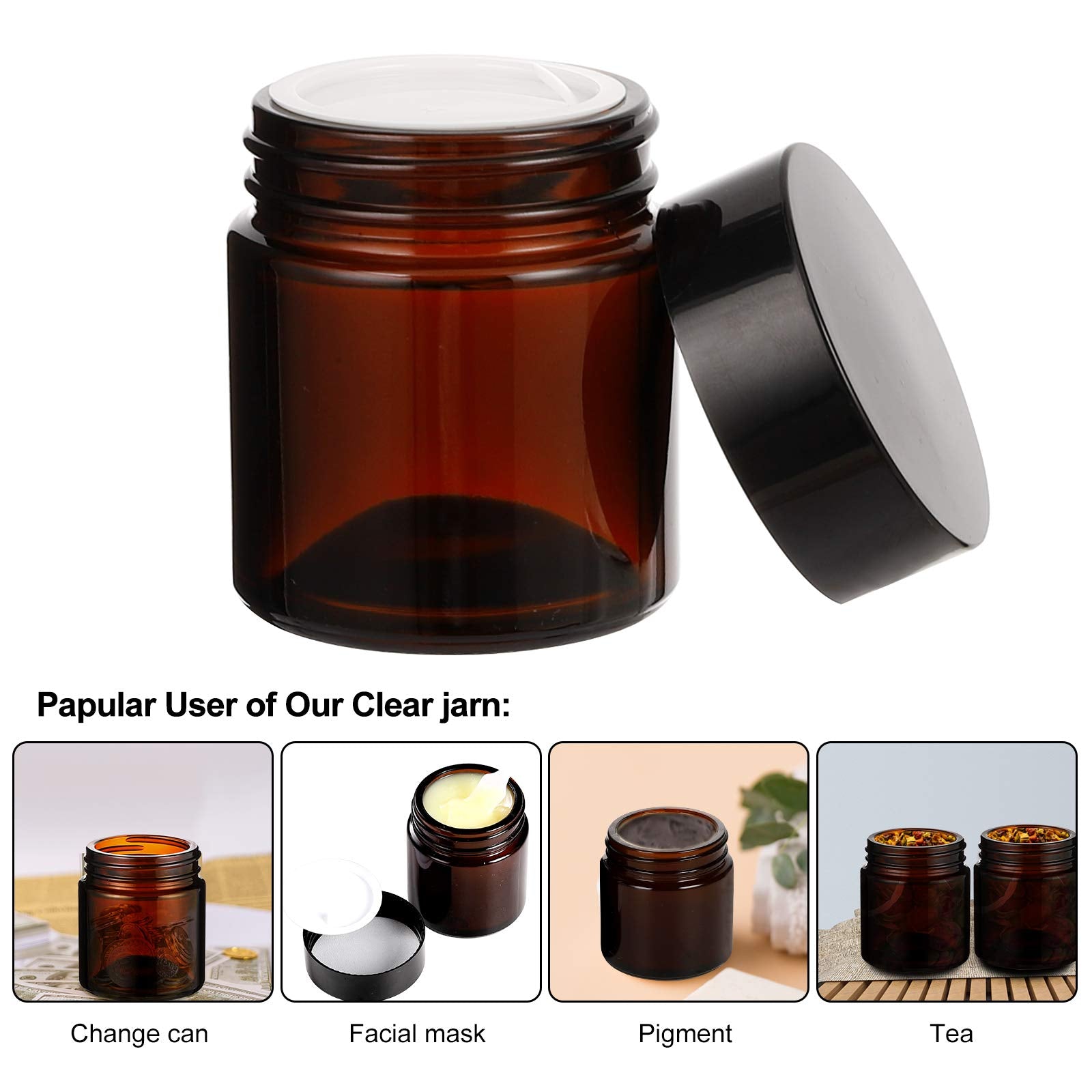 24 Pack 2Oz Amber Glass Jars With Black Lids, Round Empty Containers For Scrubs, Lotions, Cosmetic, And Ointments, Travel Storag