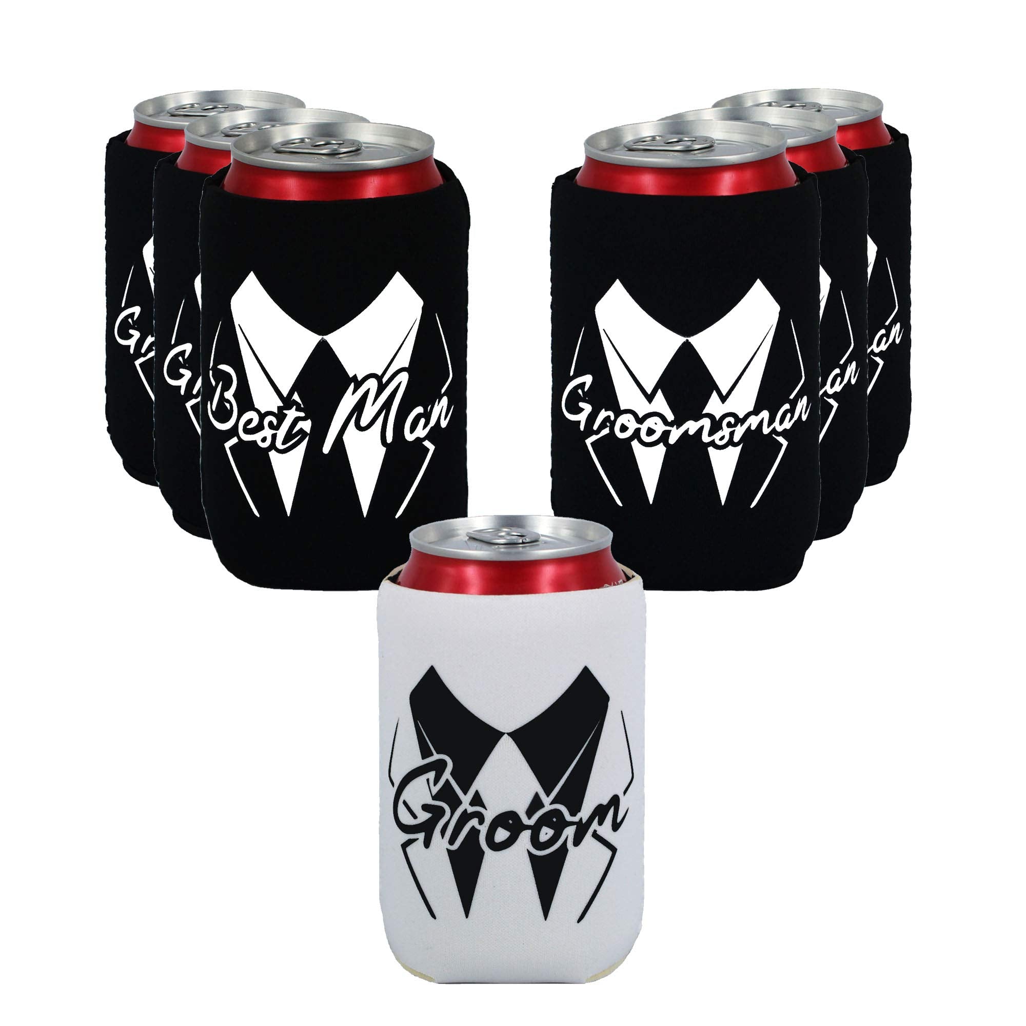 Lady&Home Set Of 7 Groom And Groomsman Can Coolers, Can Sleeve Favors For Bachelor Party And Wedding Party (Squiggles)