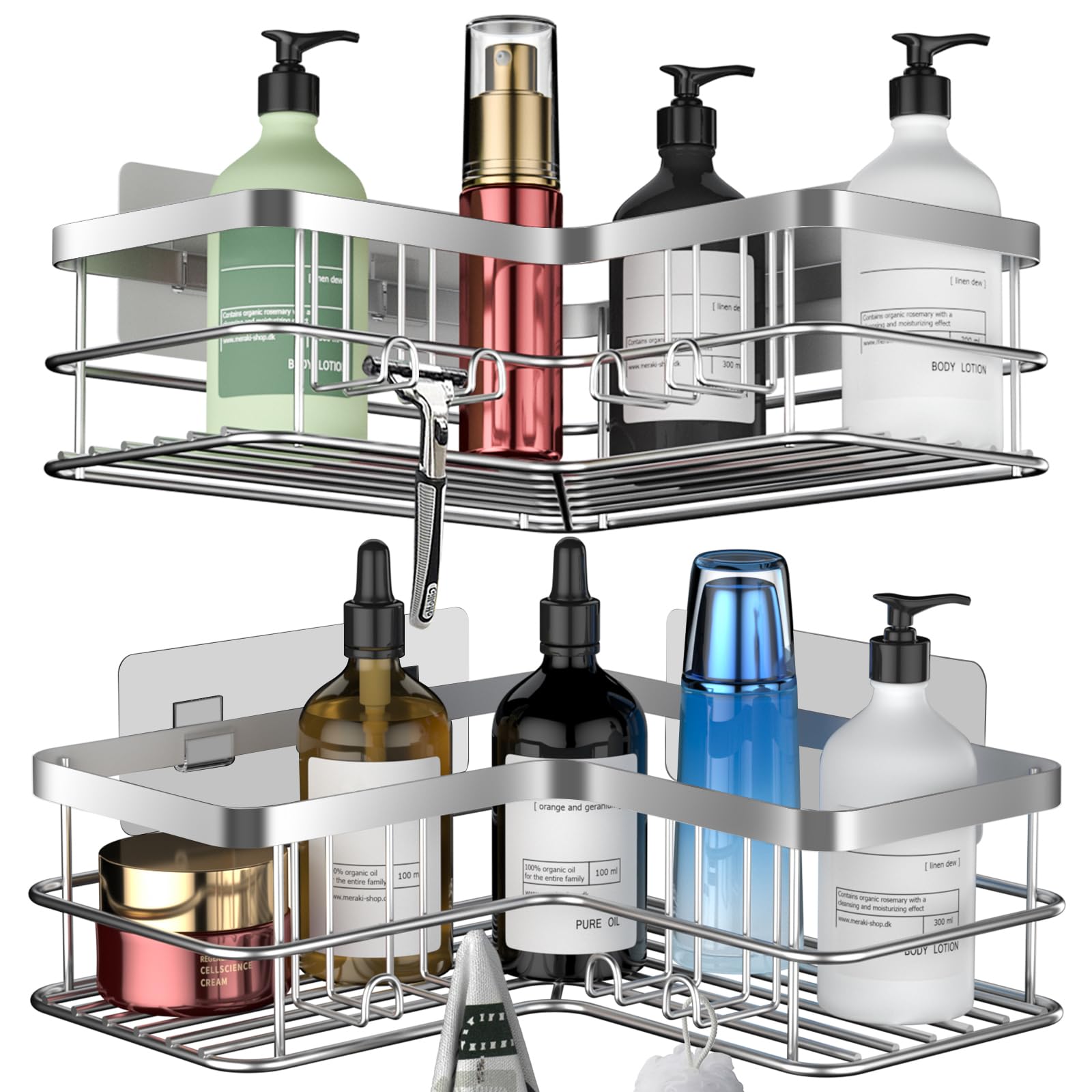 Yazoni Corner Shower Caddy, Adhesive Shower Shelves No Drilling [2-Pack], Rustproof Stainless Steel Bathroom Shower Organizer wi