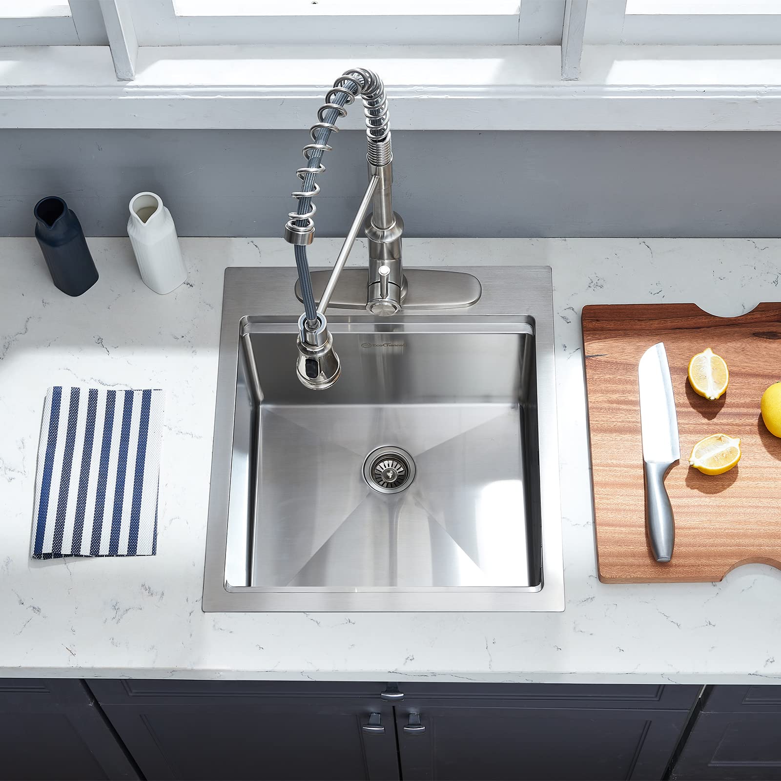 EcoChannels Kitchen Sink  17 x 19 Inch Drop-in Bar Sink Stainless Steel Topmount Kitchen Sink Single Bowl Workstation Sink