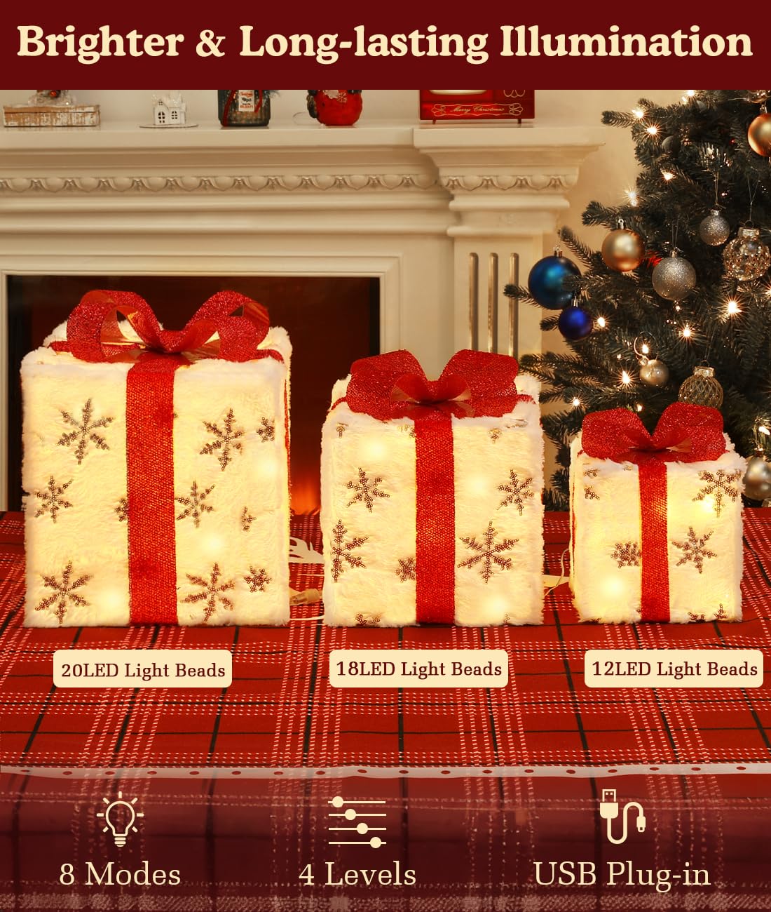 Christmas Lighted Gift Boxes, 3 PCS Large Outdoor Indoor Christmas Decorations with Remote Control, USB Plug in Under Christmas