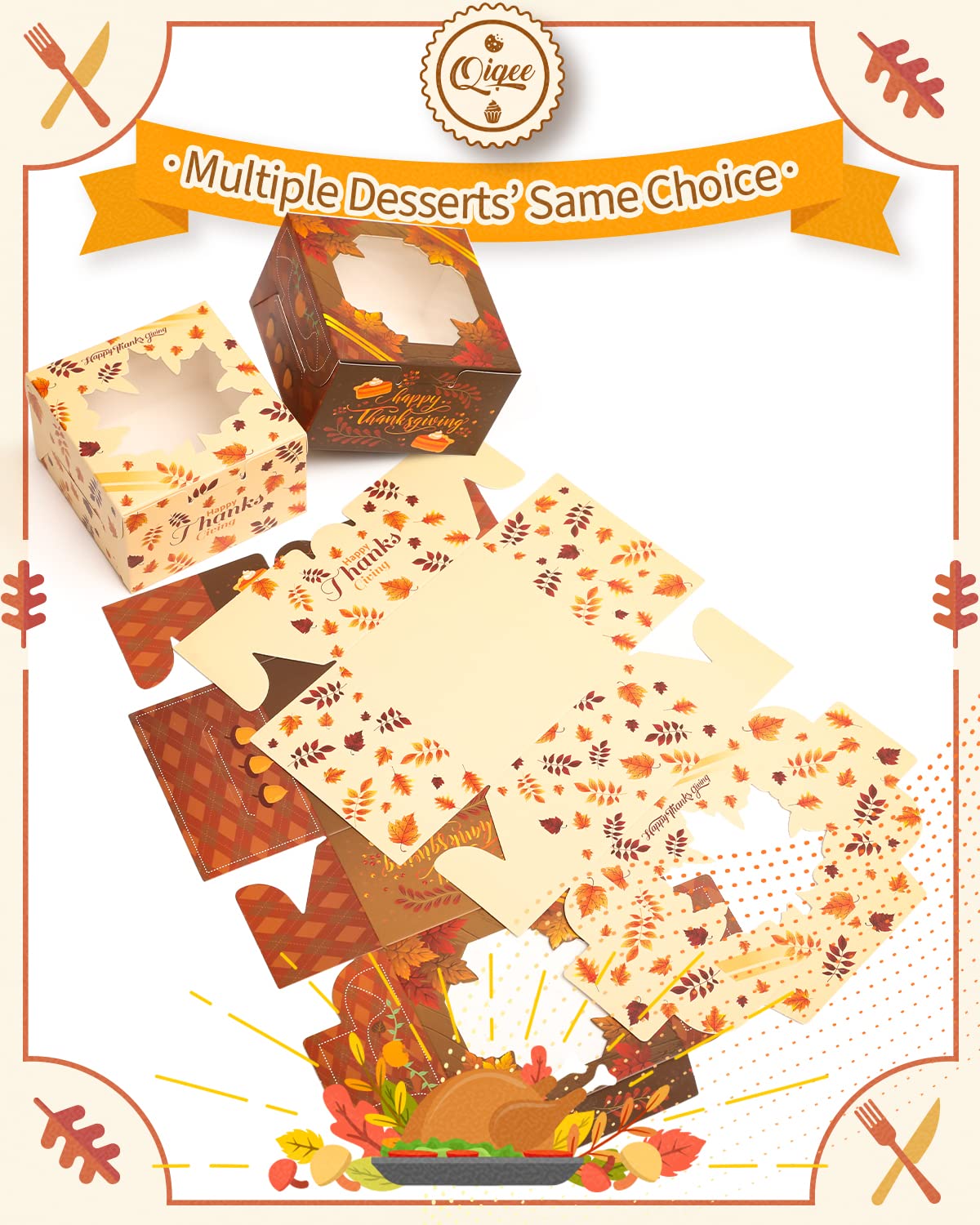 qiqee Thanksgiving Bakery Boxes with Window 100pcs 4x4x2.5 Mini Cookie Boxes Macaron Boxes Small Donut Pastry Boxes for Thanksgi