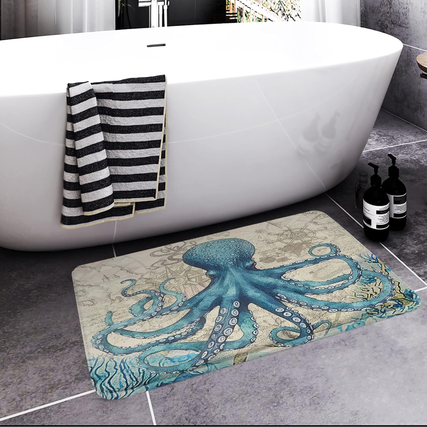 Britimes Blue Bath Mat For Bathroom,Bathroom Mats Rugs No Silp,Sea Theme Octopus Washable Cover Floor Rug Carpets Floor Mat Bath
