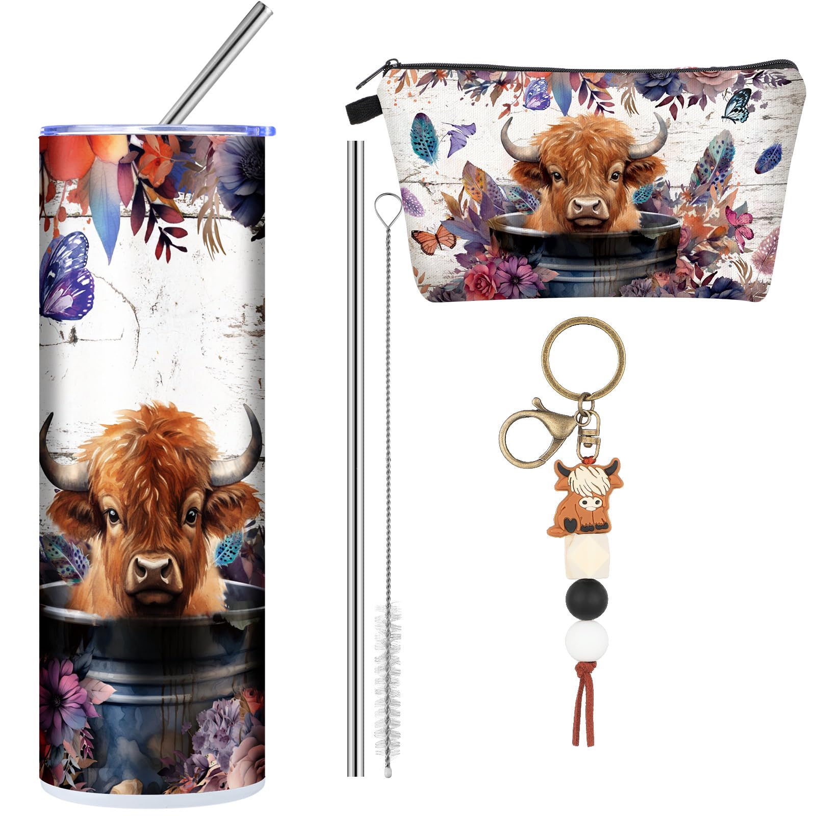 Abbylike 3 Pcs Highland Cow Gift Sets for Women 20 oz Tumbler Makeup Cosmetic Bag Keychain Cup Western Highland Cow Gifts Basket