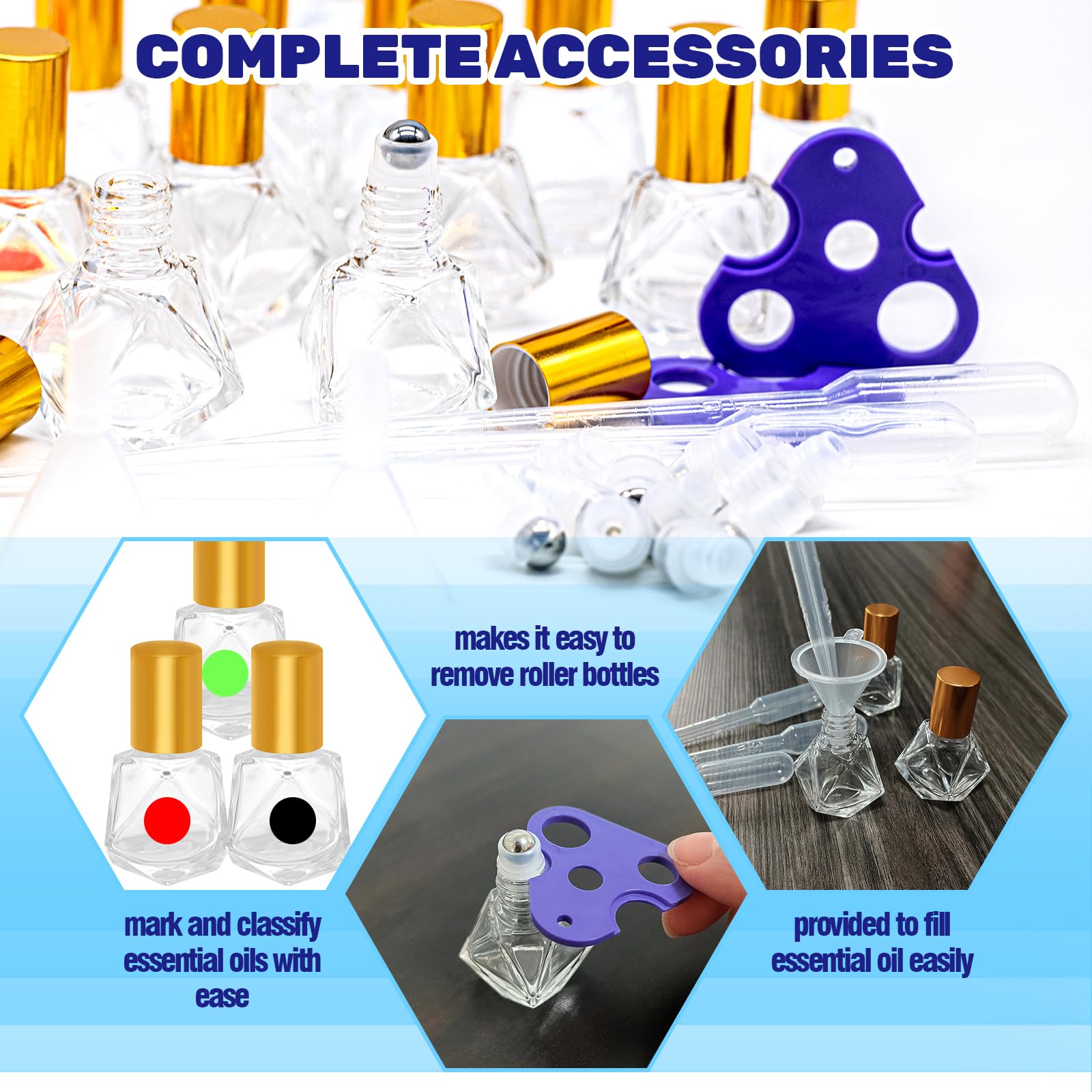 Waltool 41Pcs 8Ml/0.27Oz Polygonal Clear Glass Roller Bottles Kit Contains Stainless Steel Empty Refillable Roll On Glass Bottle