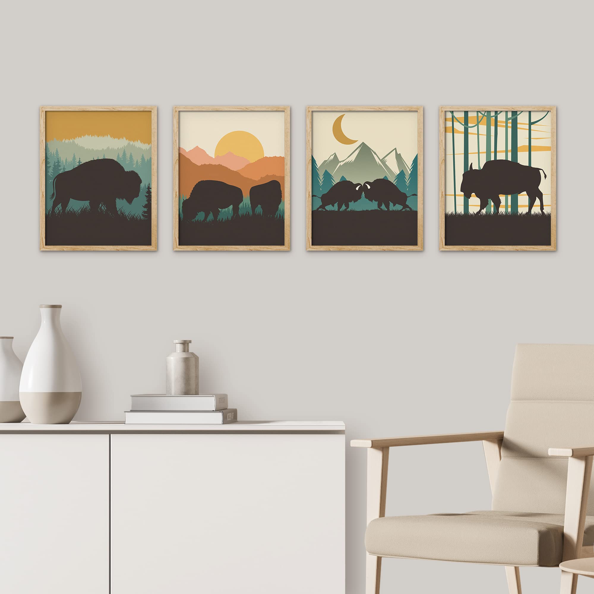 Signwin Framed Country Farmhouse Vibrant Bison Wall Art, Set Of 4 Silhouette Animals Wall Decor Prints, Wilderness Nature Wall D