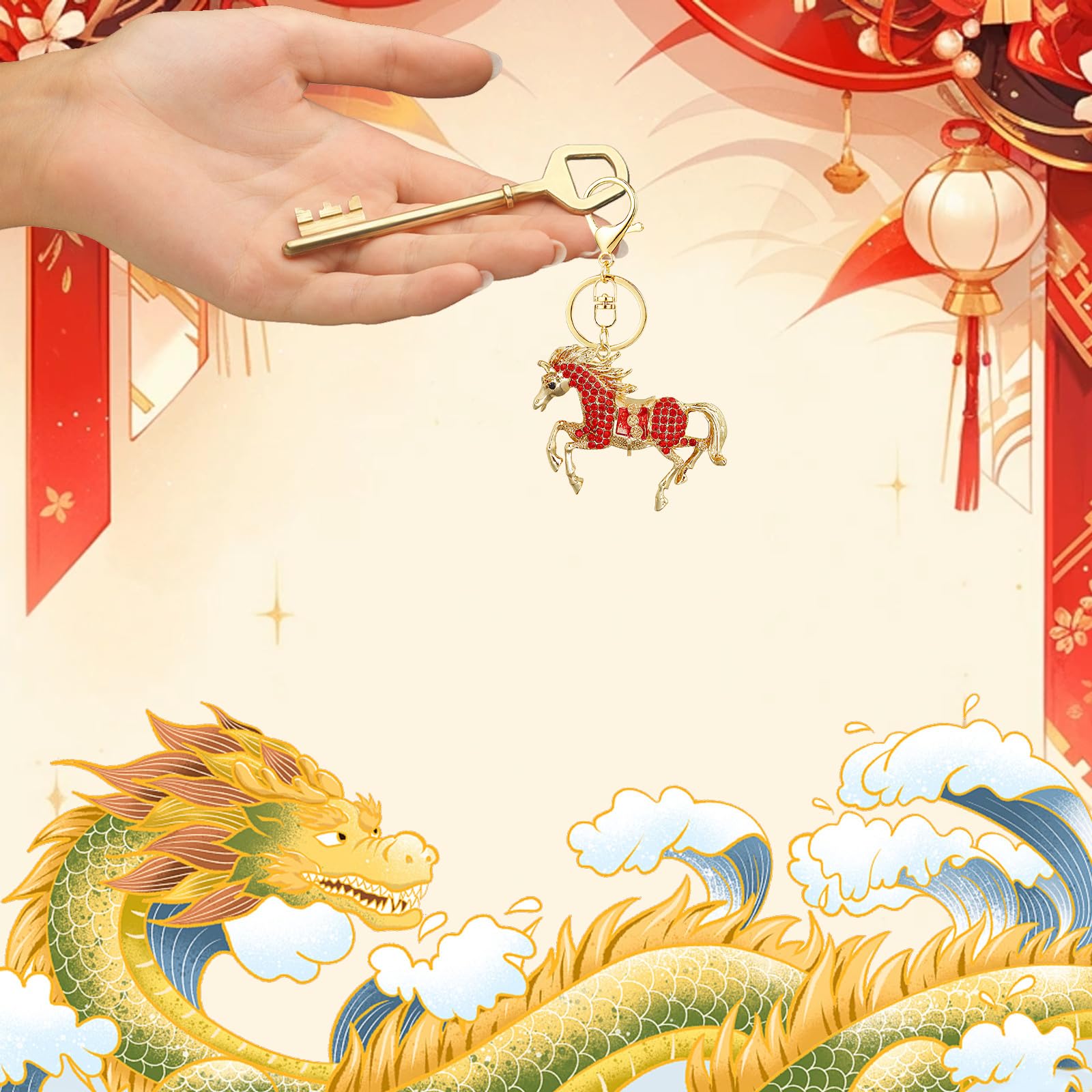 Acewen 2Pcs 2026 Year of The Horse Keychains Horse Charm Statue Feng Shui Mascot for Bag Backpack Hanging Decorations Chinese Ne