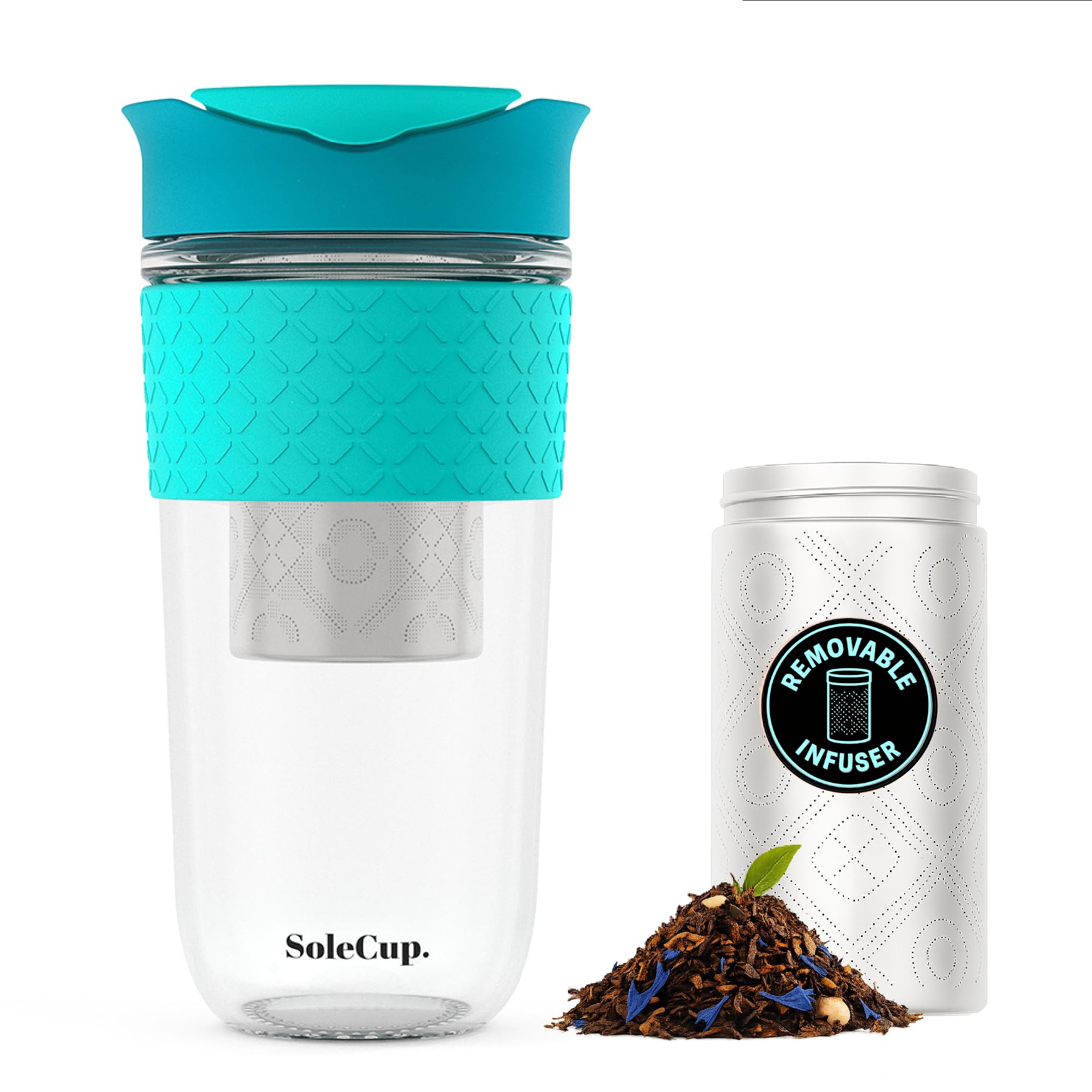 SoleCup. Large Travel Mug Loose Tea Infuser  Detachable Tea Strainer with Spill Proof Lid  18oz/530ml BPAFree Reusable Glass 