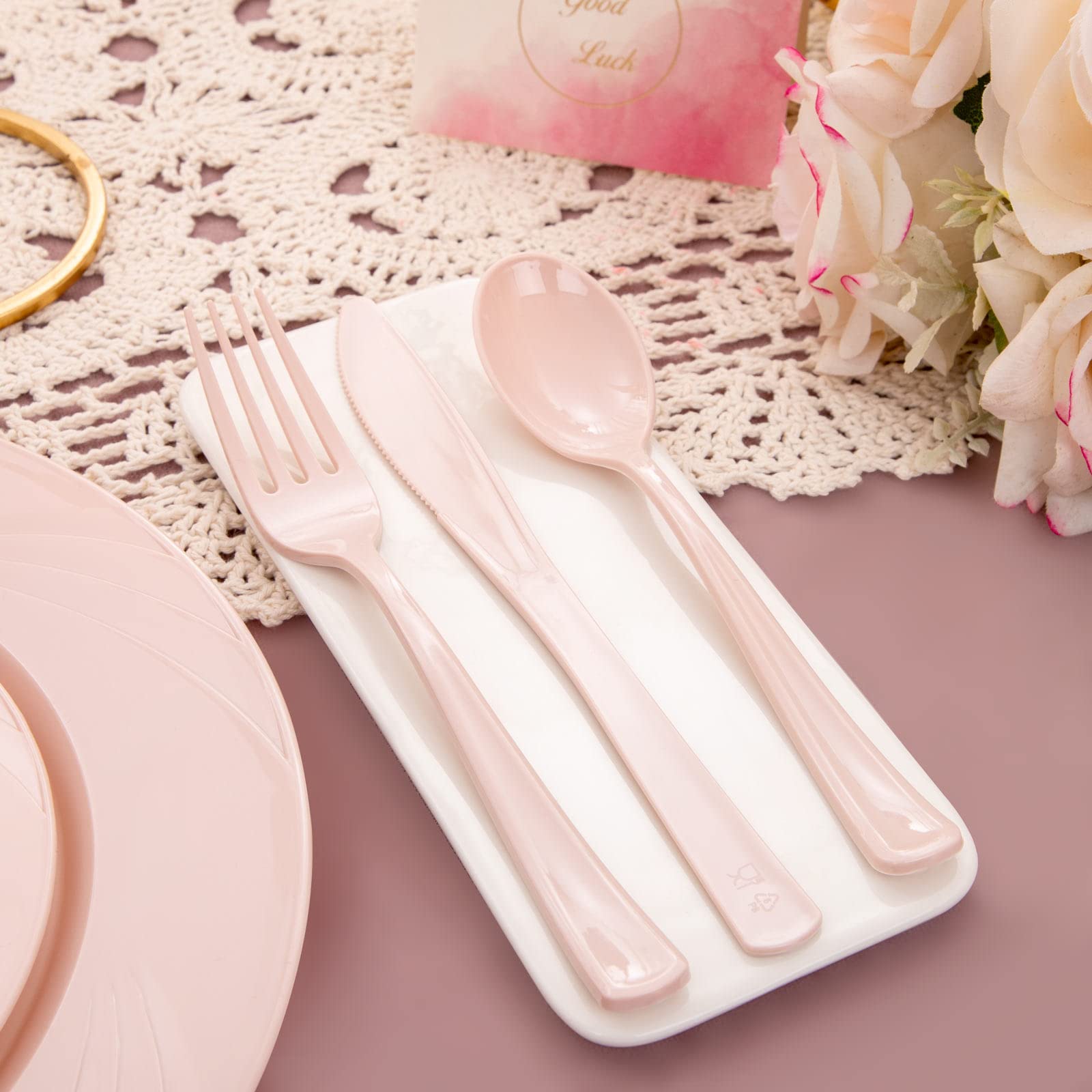 Youbet 125Pcs Pink Plastic Plates - Pink Birthday Plastic Plates Include 25 Dinner Plates 25 Dessert Plates 75 Silverware Baby S