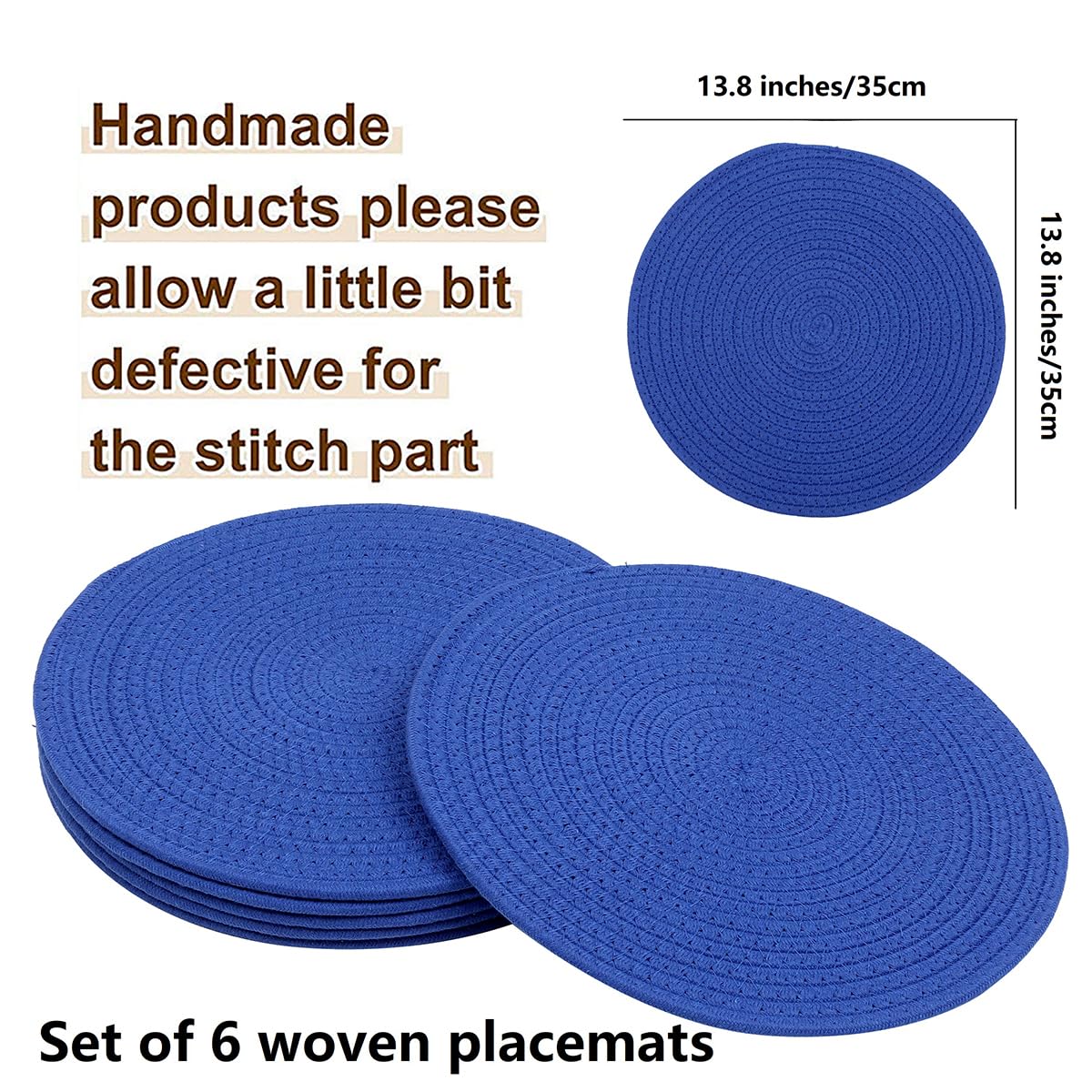 Wenfome Set Of 6 Woven Placemats, 13.8 Inches Round Plate Chargers Cotton Braided Placemats Heat-Resistant Non-Slip Woven Place