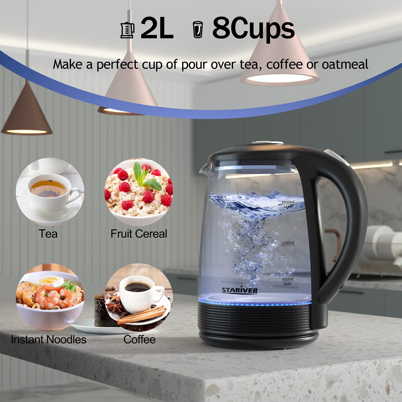 Stariver Electric Kettle  2L Electric Tea Kettle  BPA-Free Glass Kettle with LED  Hot Water Kettle with Fast Boil  Auto Shut-Off & Boil-Dry Protection  Stainless Steel Inner Lid & Bottom  Black