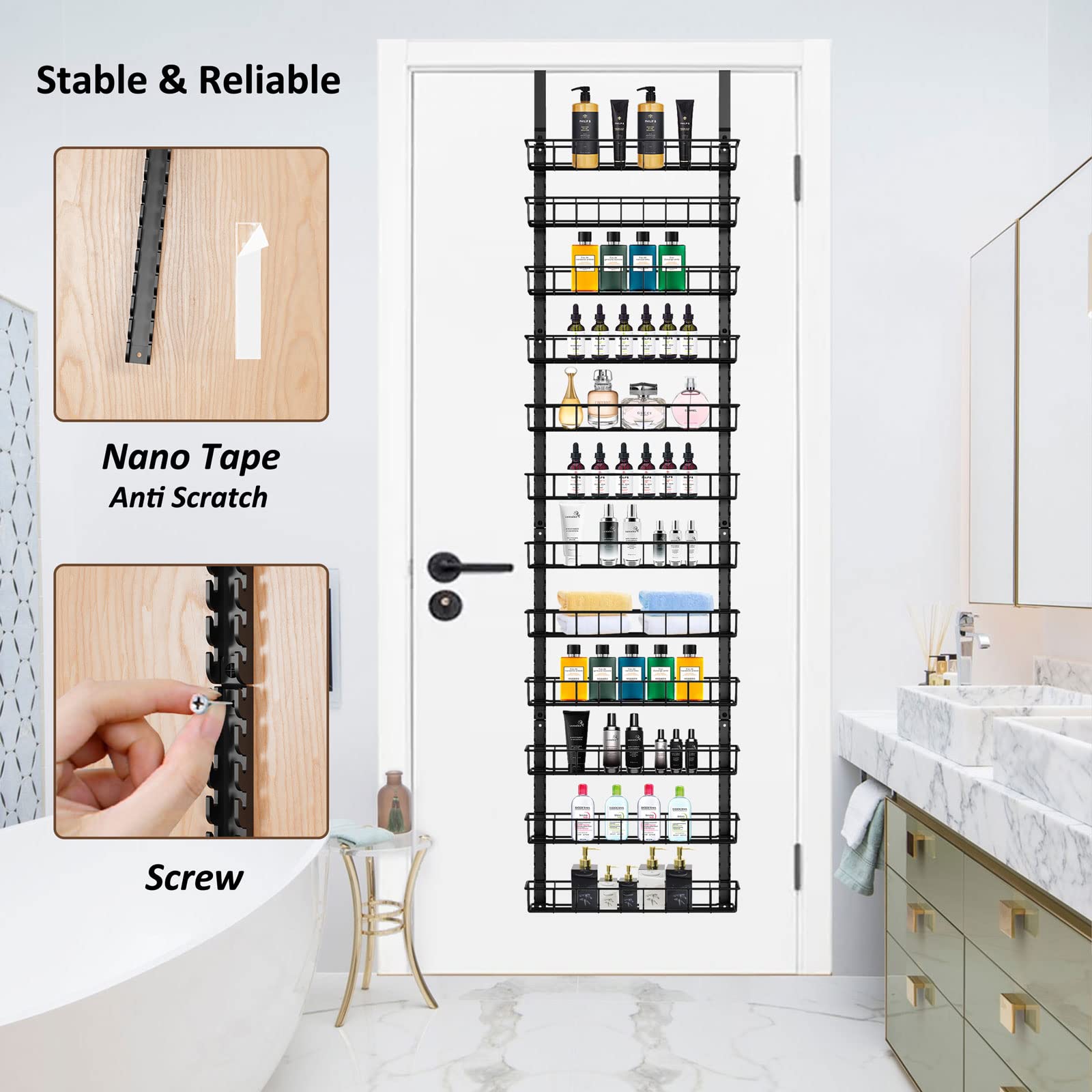 Churboro Over the Door Pantry Organizer Rack with 12 Adjustable Baskets, 12 Tiers Dual-use Spice Rack- Hanging or Wall Mount Spi