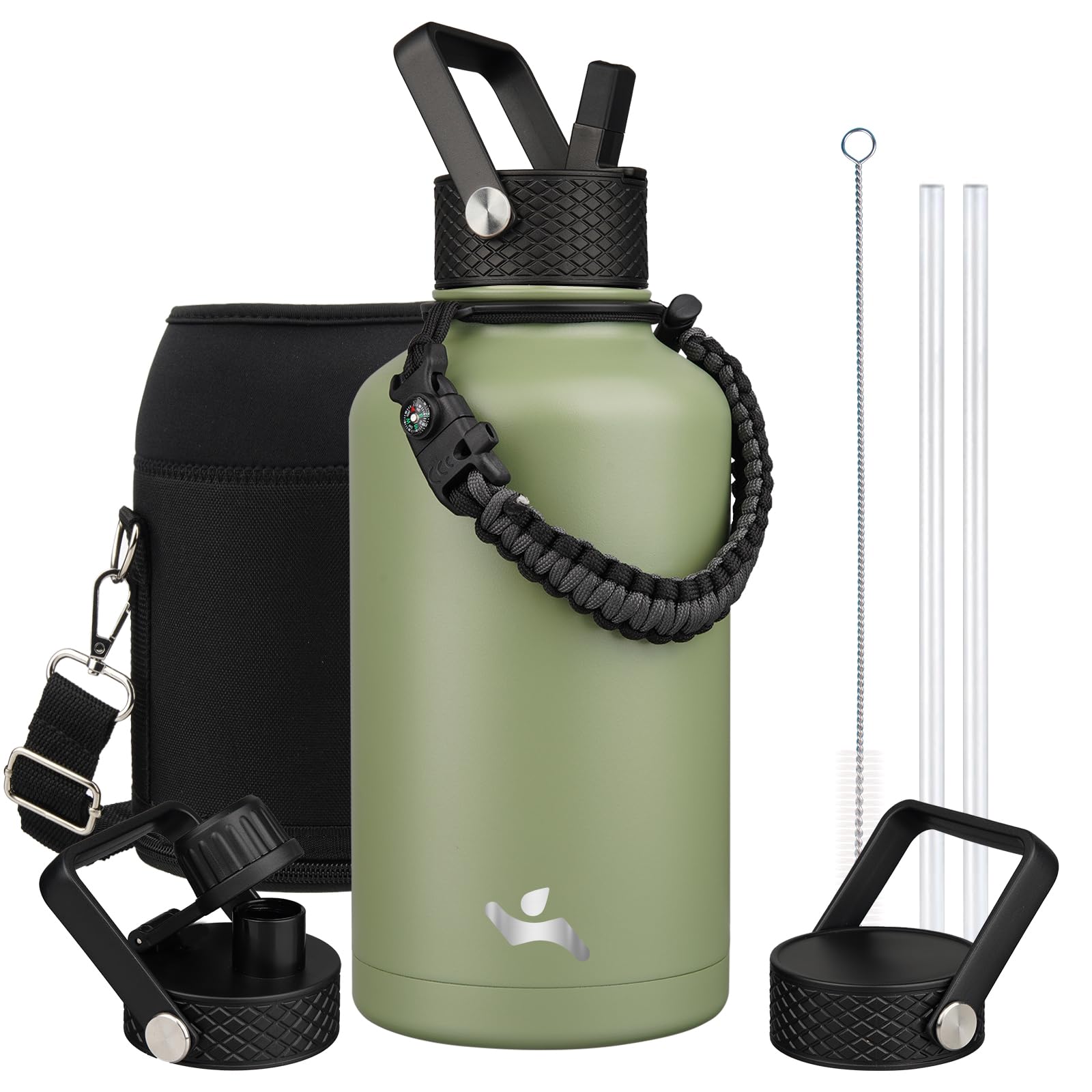 Konokyo Half Gallon Insulated Water Bottle with Straw,64 oz 3 Lids Water Jug with Carrying Bag,Paracord Handle, Double Wall Vacu