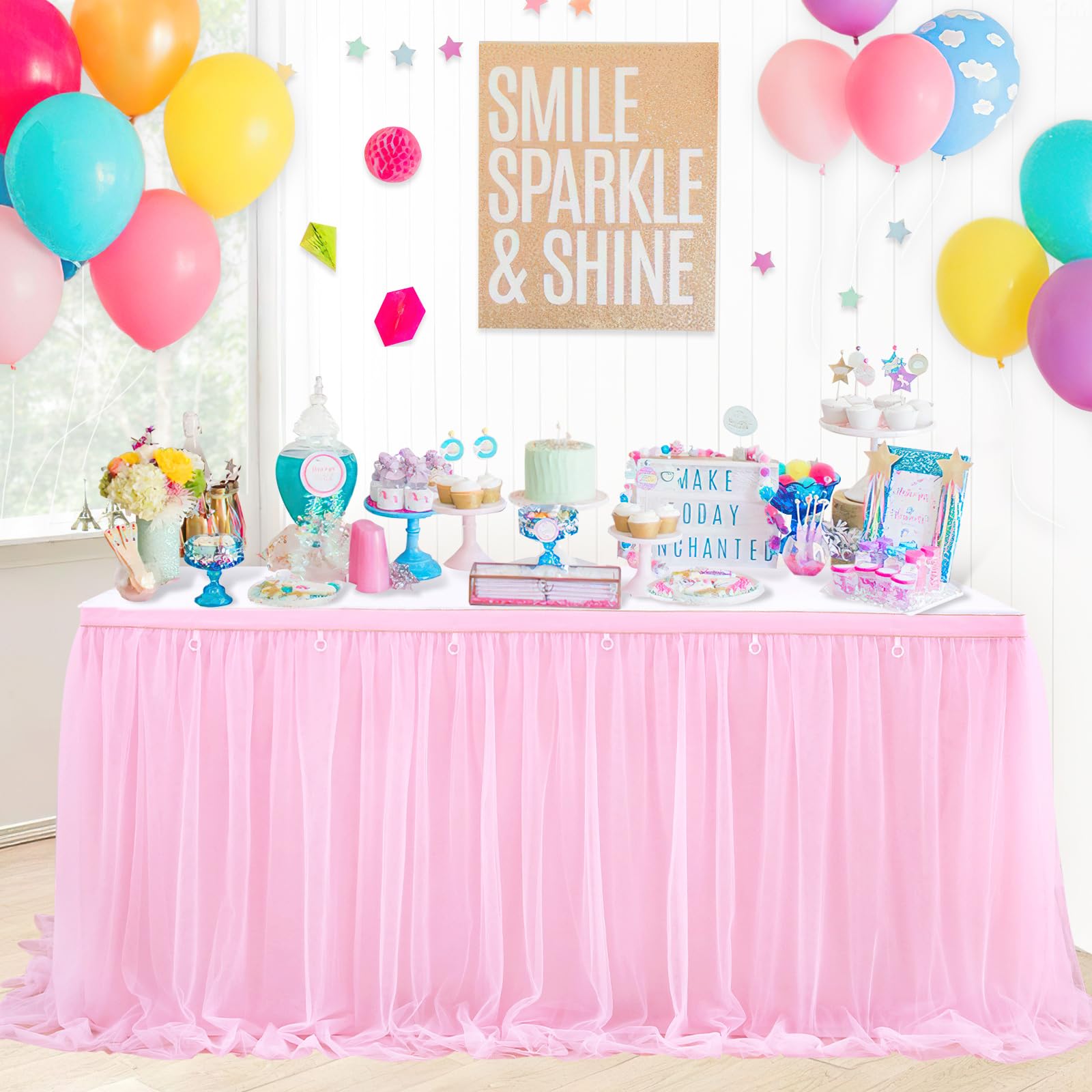 Pink Table Skirt 6Ft Tulle Table Skirting 2 Layer Rectangle Pink Tutu Tablecloth For Birthday Baby Shower Wedding
