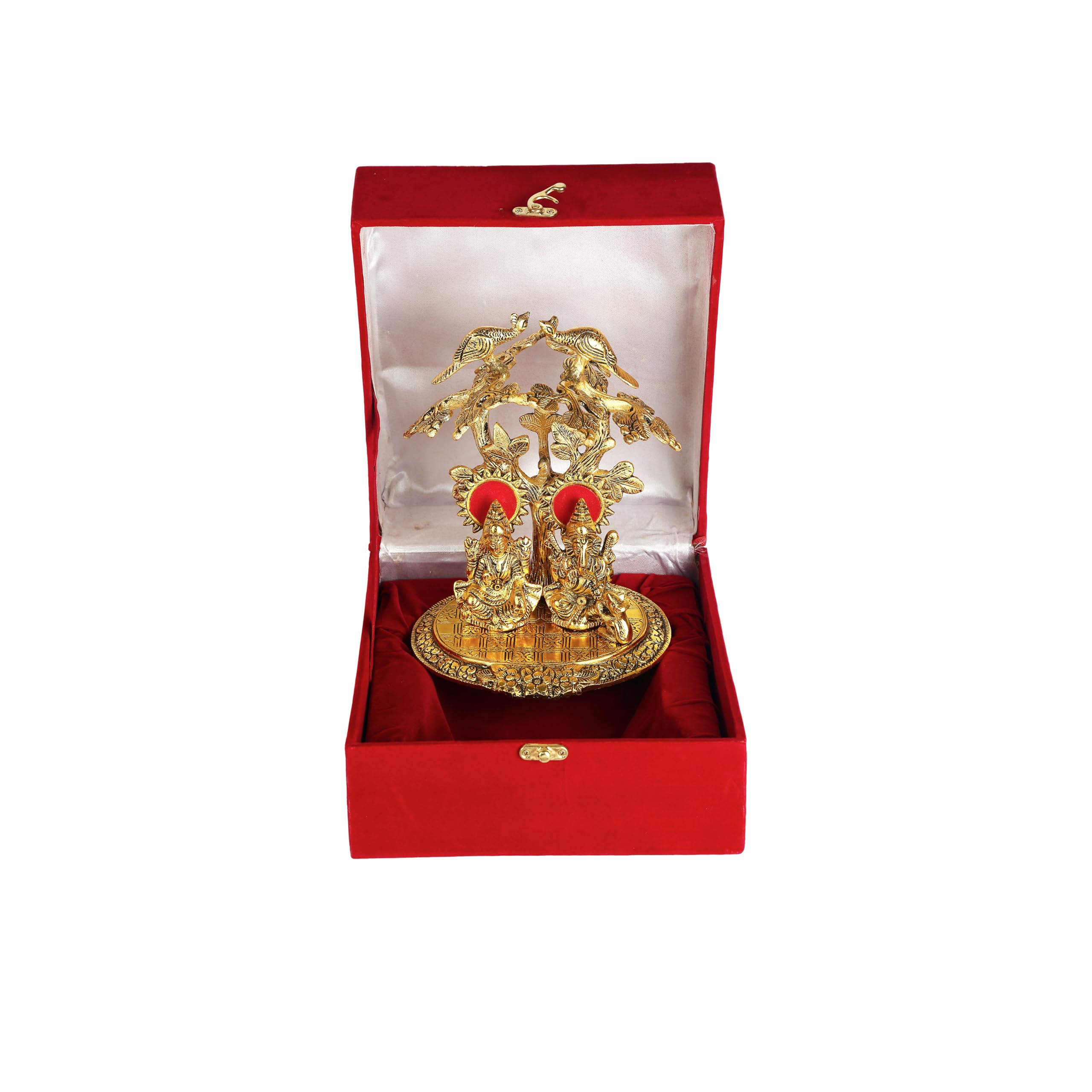 Rkonect Gold Plated Laxmi Ganesh/Ganesha Idol Murti Under Peacock Tree With Velvet Gift Box || L17 X W14 X H22 Cm || Pack Of One