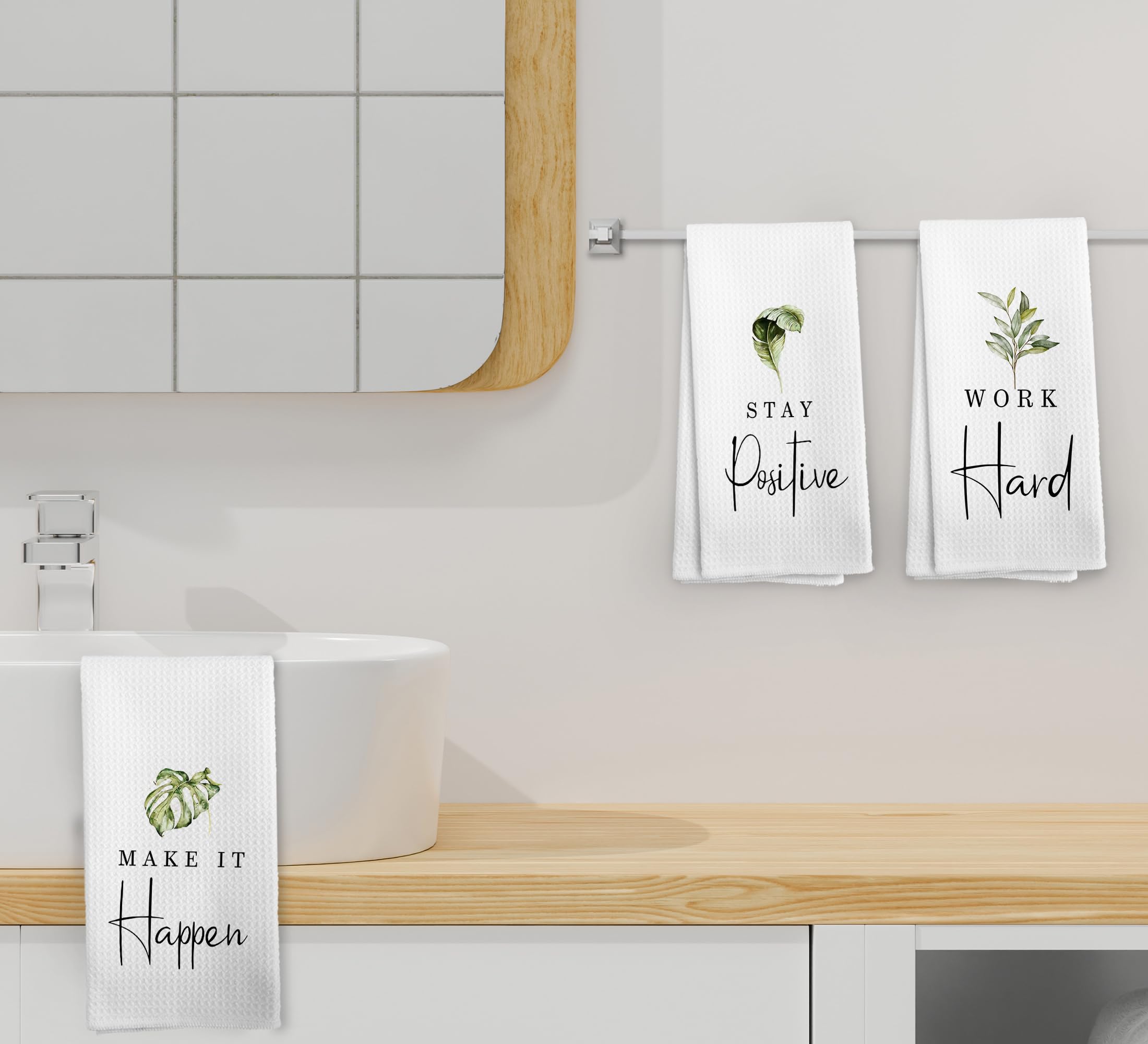 Noql Stay Positive Work Hard And Make It Happen Green Leaf Kitchen Towel And Dishcloths Set Of 3,Inspirational Quotes Absorbent