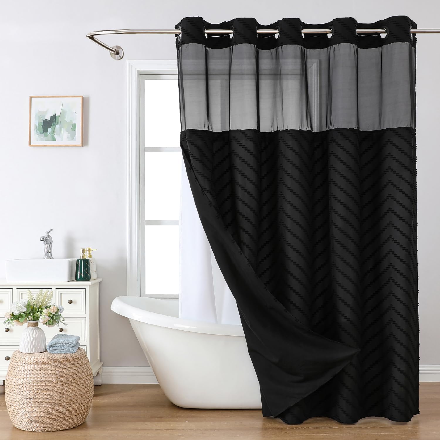 Eachope Long No Hook Tufted Chevron Striped Shower Curtain With Snap-In Fabric Liner Set-71Wx80H(78H),Black Hotel Grade Boho Sty