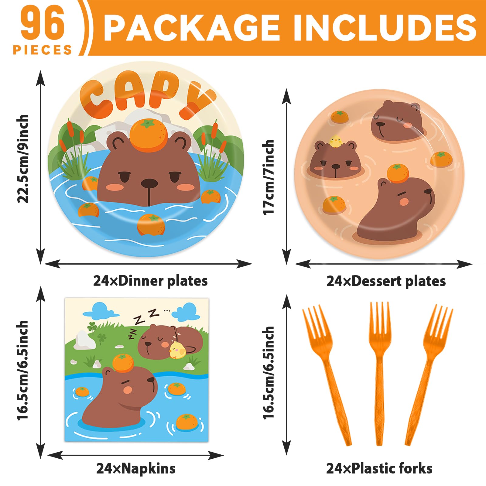 Obusatt 96Pcs Capybara Birthday Party Supplies Capybara Paper Plates Napkins Capybara Party Decorations Zoo Pals Dinnerware Part