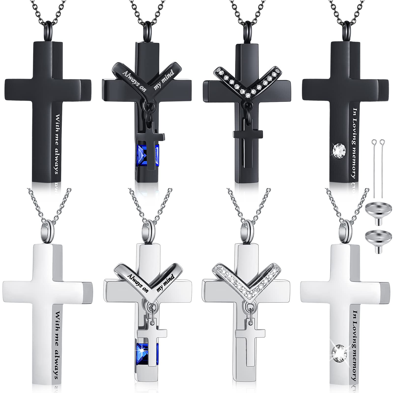 Yinkin 8 Pcs Urn Necklace for Ashes Cremation Cross Necklace for Ashes Stainless Steel Cremation Jewelry for Ashes Memorial Jewe