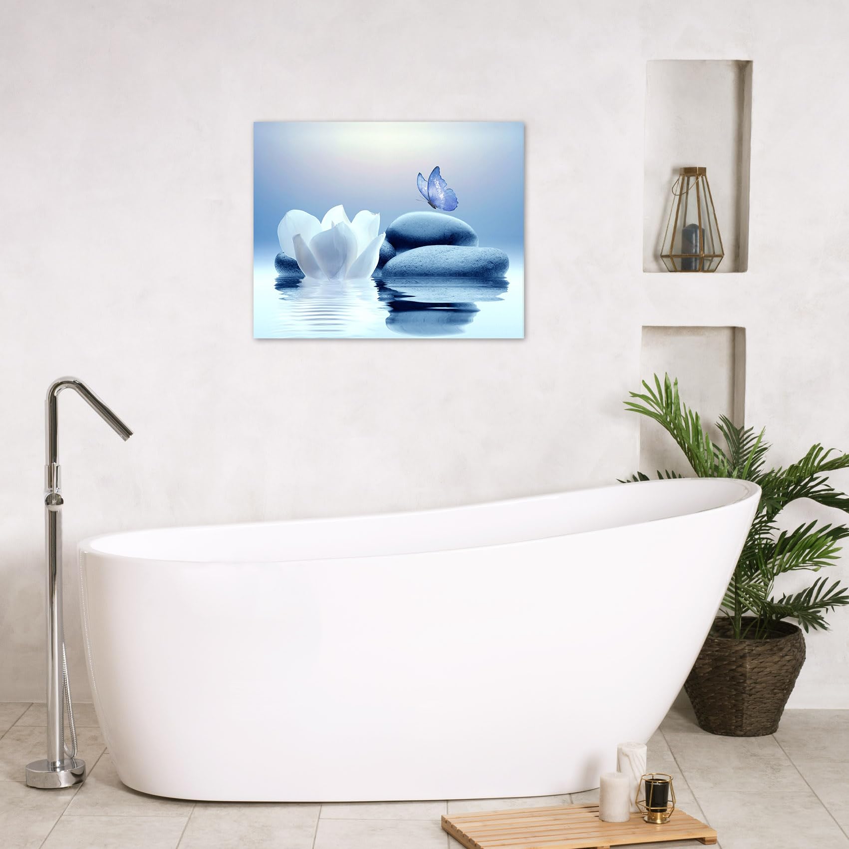 Eobtain Zen White Flower Canvas Wall Art Floral And Blue Butterfly On Stone Modern Framed Picture Yoga Spa Spiritual Painting Ar