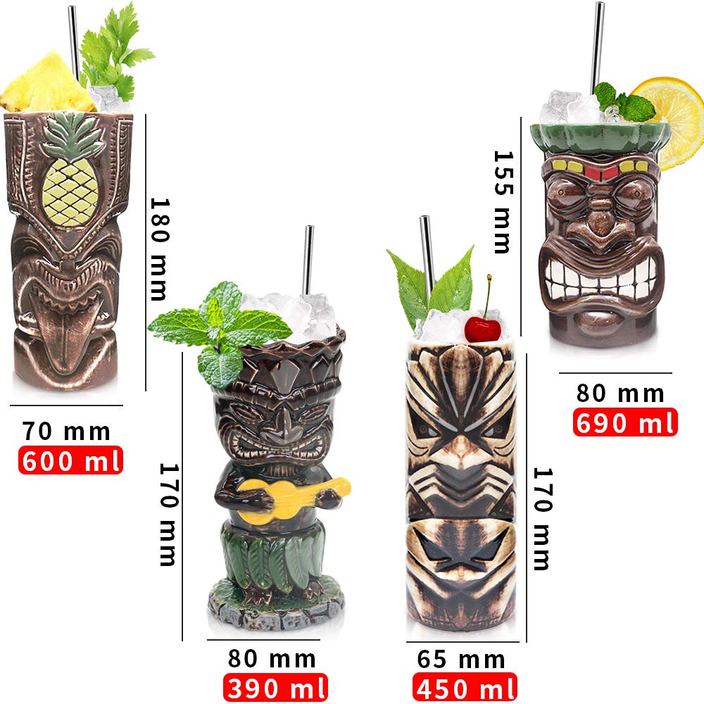 Suprobarware Tiki Mugs Set Of 4- Ceramic Hawaiian Party Mugs Large Drinkware, Tiki Bar Mugs For Cocktails, Tropical Cups Drinks