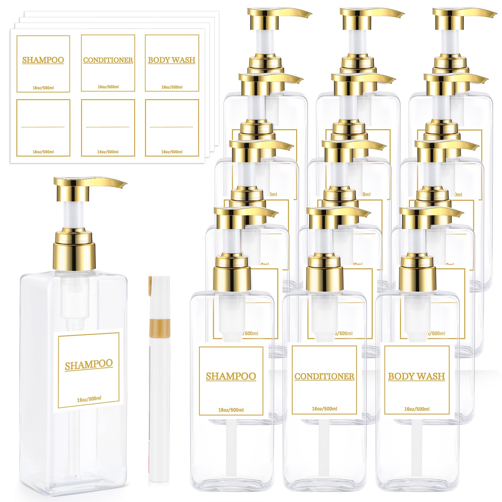 Gejoy 12 Pack Clear Shampoo and Conditioner Dispenser Bottles, 17 Oz/ 500ml Refillable Empty Pump Bottles with Labels and Marker