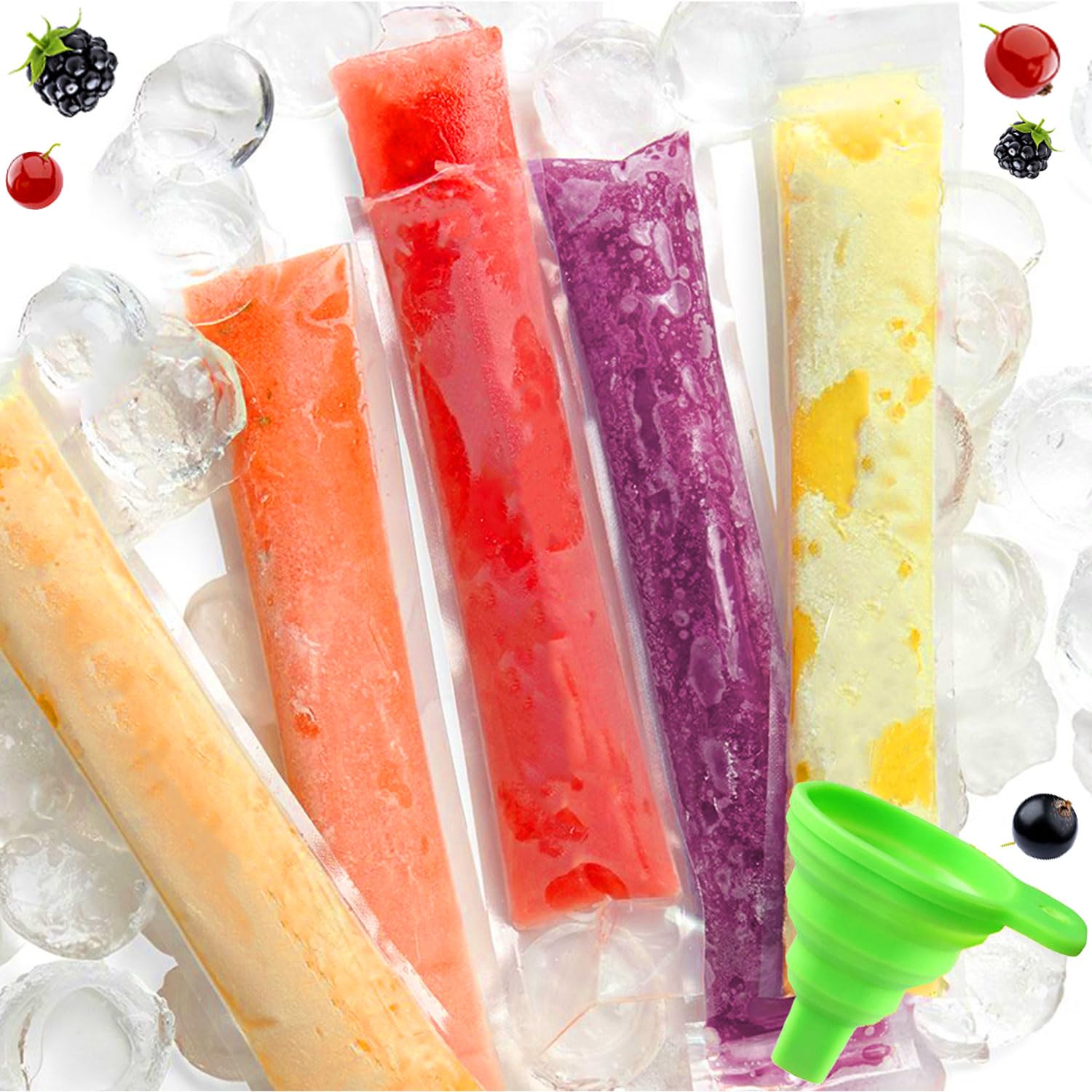 Monfasye Popsicle Mold Bags with Funnel, 11x2 BPA-Free Disposable Freezer Tubes with Zip Seal for Juice, Smoothies, Yogurt, and 