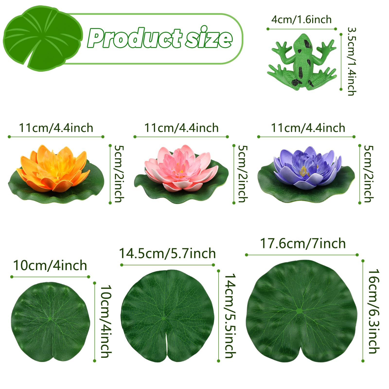 PietyPet 10pcs Floating Foam Lotus Flowers with Artificial Frog Lotus Leaves, Lily Pads for Lake, Artificial Pond Plants Ornamen