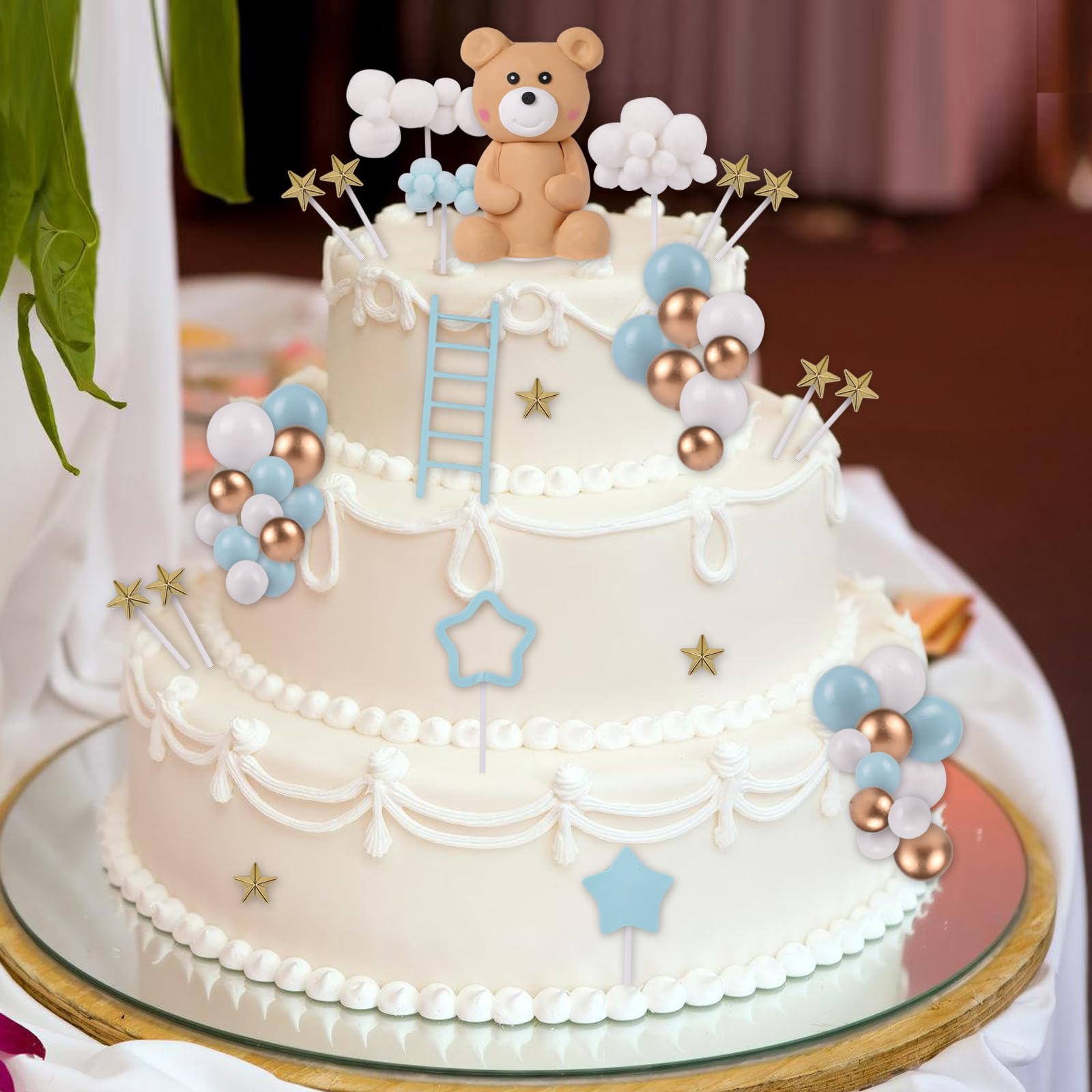 46 Pcs 3D Bear Balls Cake Toppers Brown Teddy Bear For Birthday Party Wedding Baby Shower Supplies(Blue)A