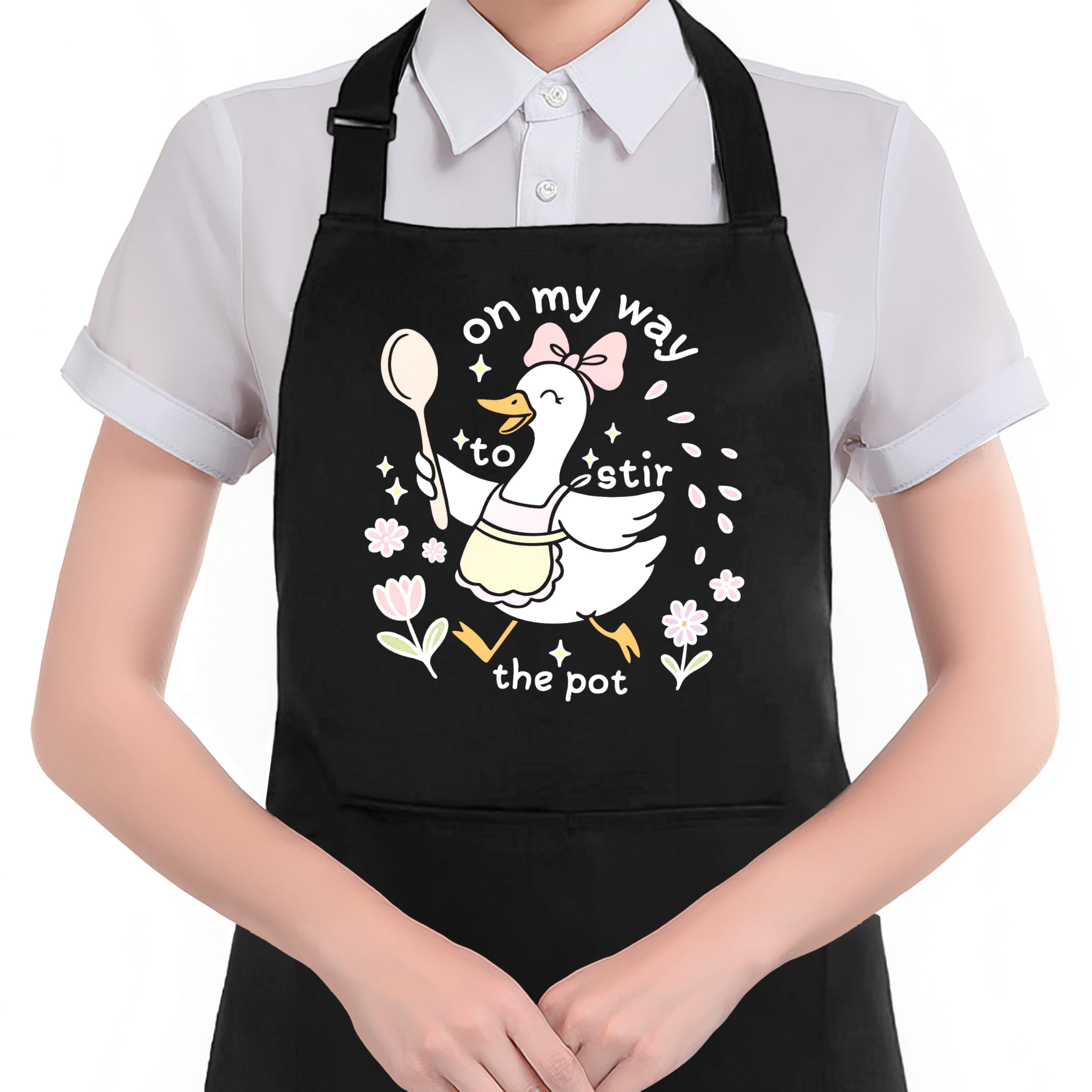 Hugane Funny Pink Bow Goose Cooking Apron With Pockets, Trendy On My Way To Stir The Pot Cute Floral Goose Waterproof Adjustable
