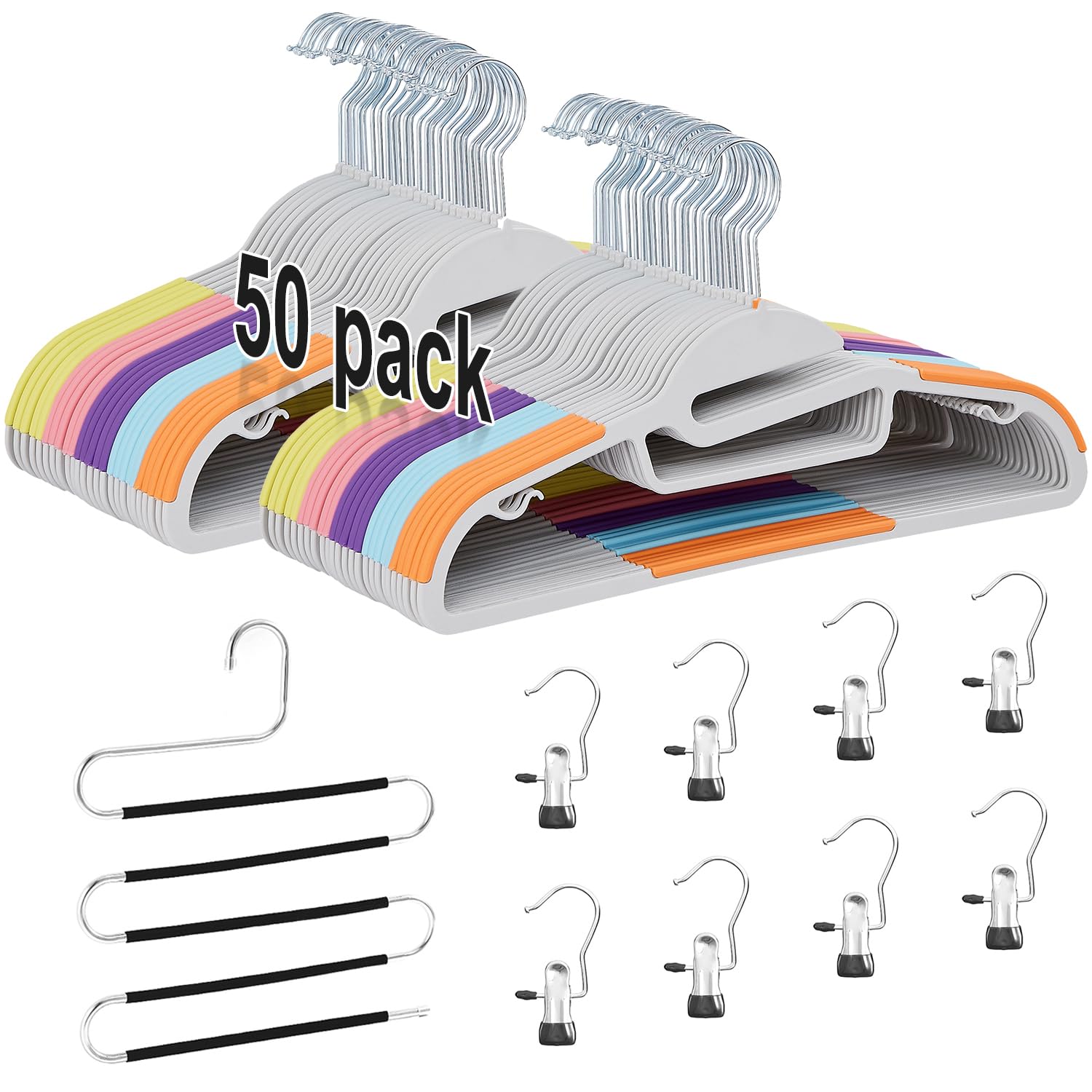 Vecelo 50 Pack Coat Hangers, Premium Quality Plastic Suit Clothes Hanger, Non-Slip, Heavy-Duty, S-Shaped Opening, 360 Swivel Hoo