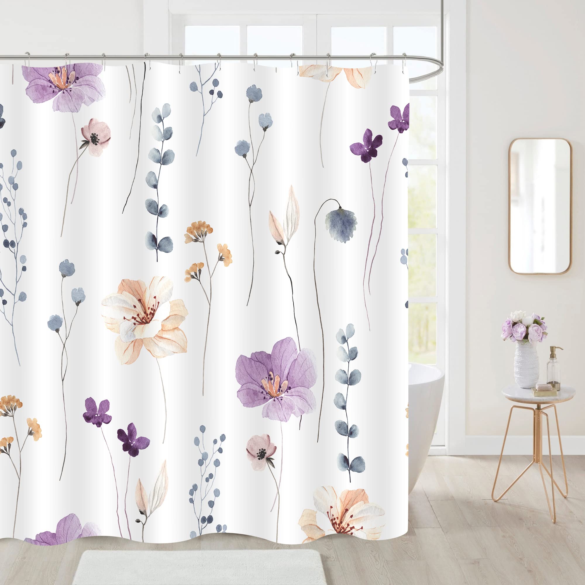 Gibelle Extra Long Shower Curtain 72 X 84, Watercolor Floral Fabric Shower Curtain, Purple Beige Flower Decorative Bathroom Show