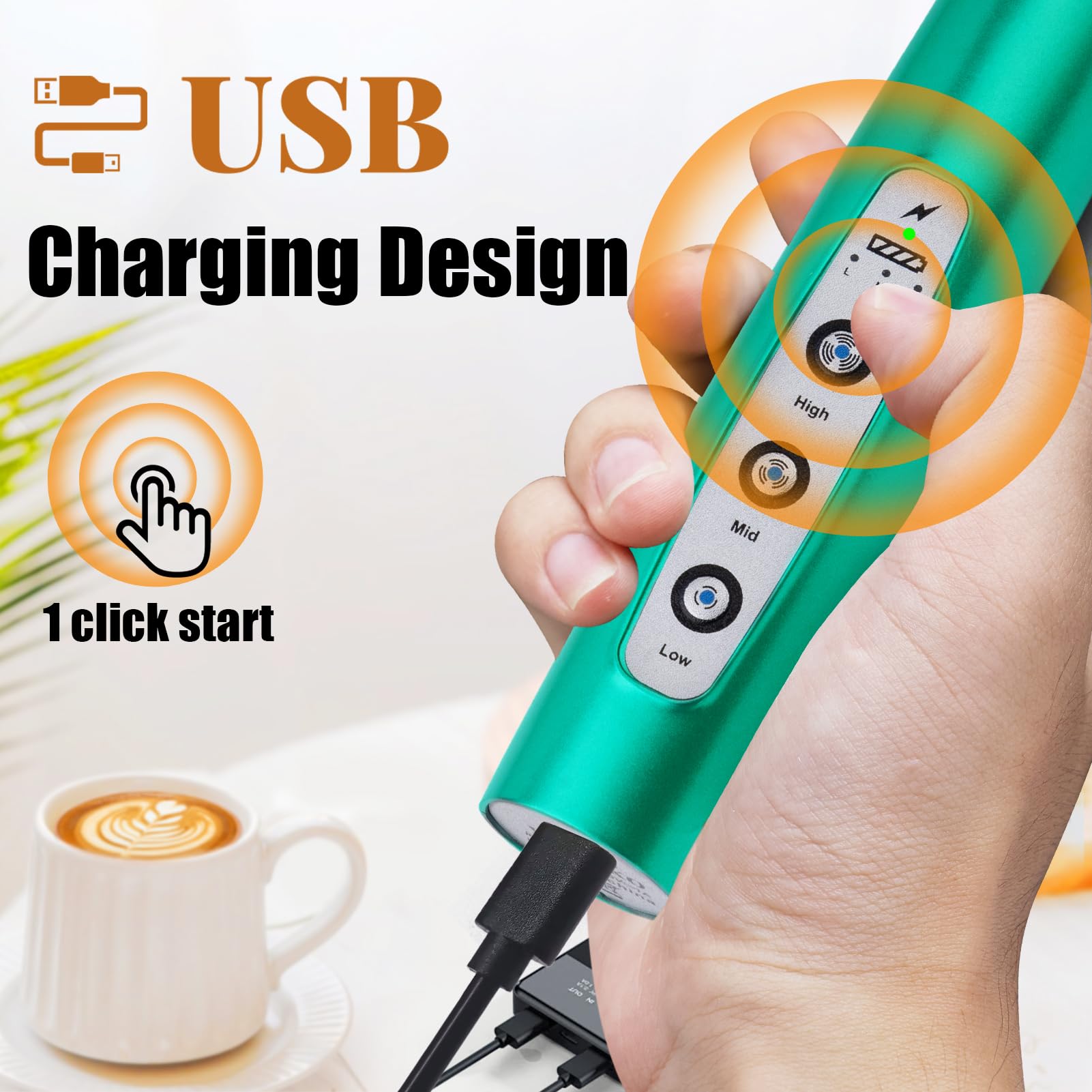 Nahida Turquoise Milk Frother Wand For Coffee Frother Handheld With Stand Electric Whisk With 3 Heads 3 Speeds Drink Mixer Coffe