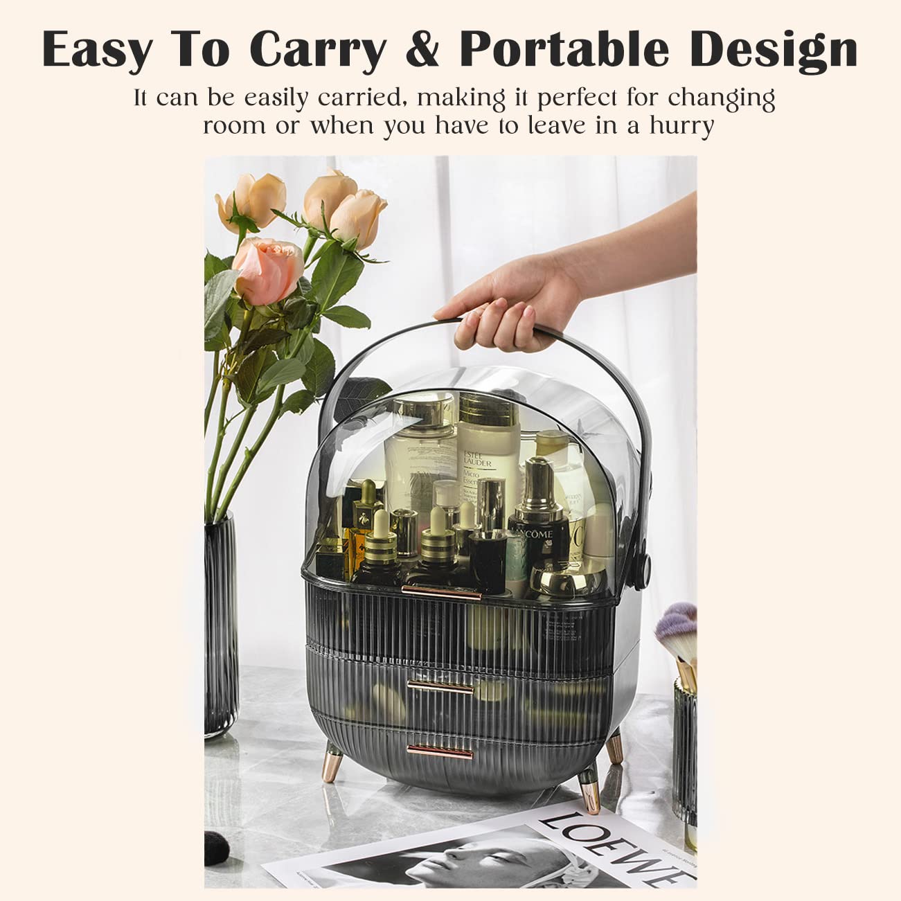 ALOXE Cute Makeup Cosmetic Organizer Box With Drawer Storage | Plastic Storage Organizer Box For Women (Obsidian Black)