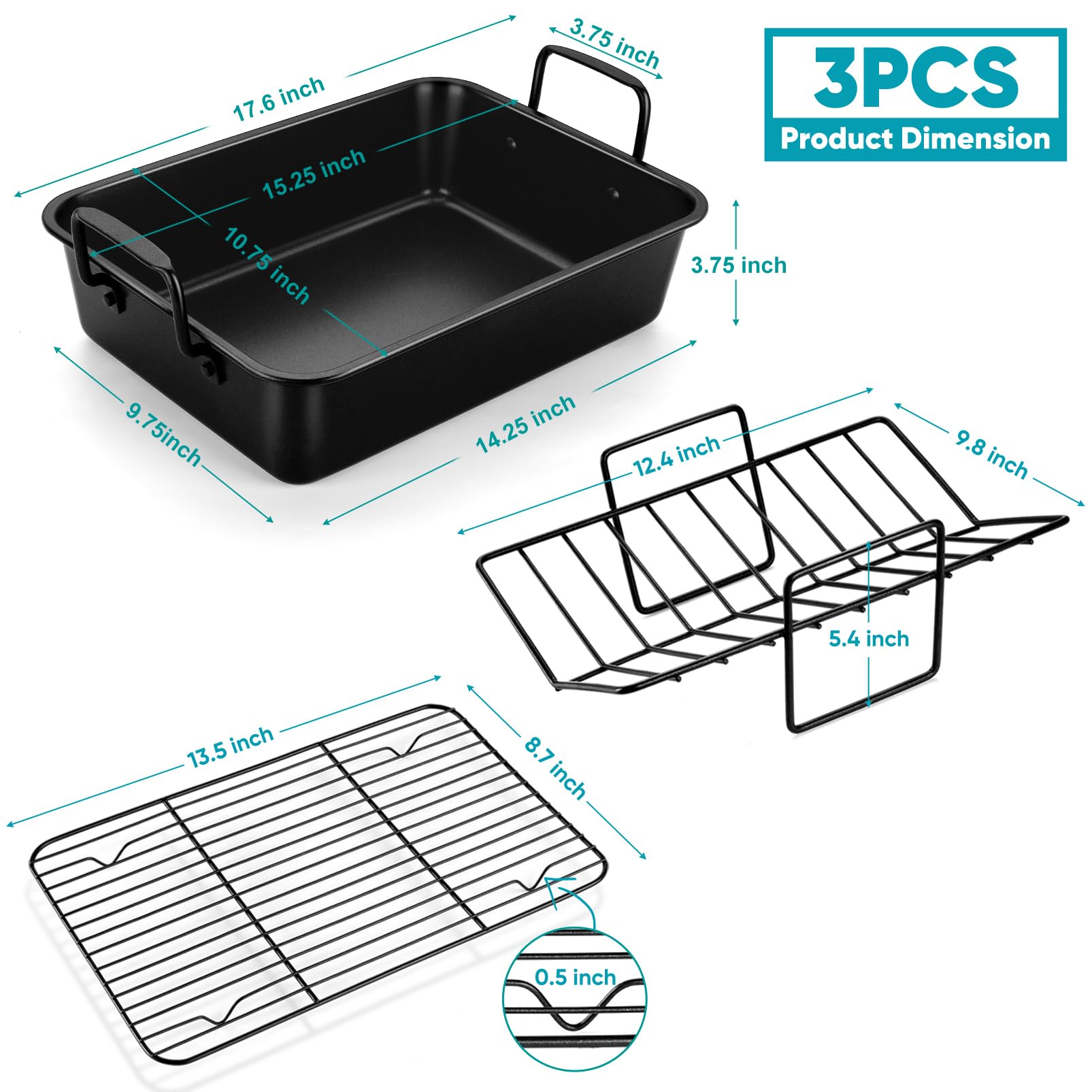 Teamfar Roasting Pan, 15 Nonstick Deep Lasagna Brownie Turkey Pan With V-Shaped Rack & Cooling Rack, With Stainless Steel Core &