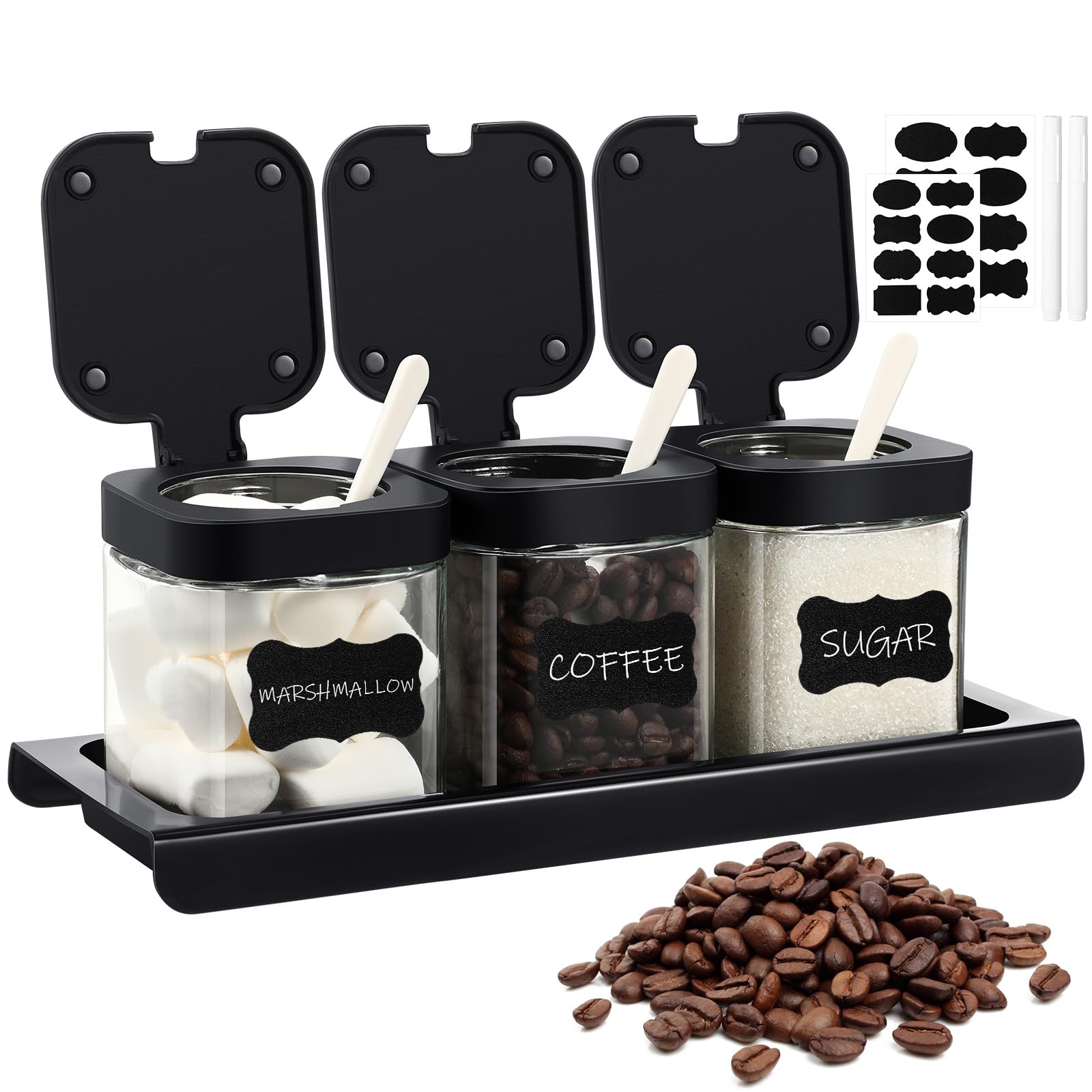 Suclain 3 Pcs Glass Coffee Container with Shelf, Labels Base Pen, Black