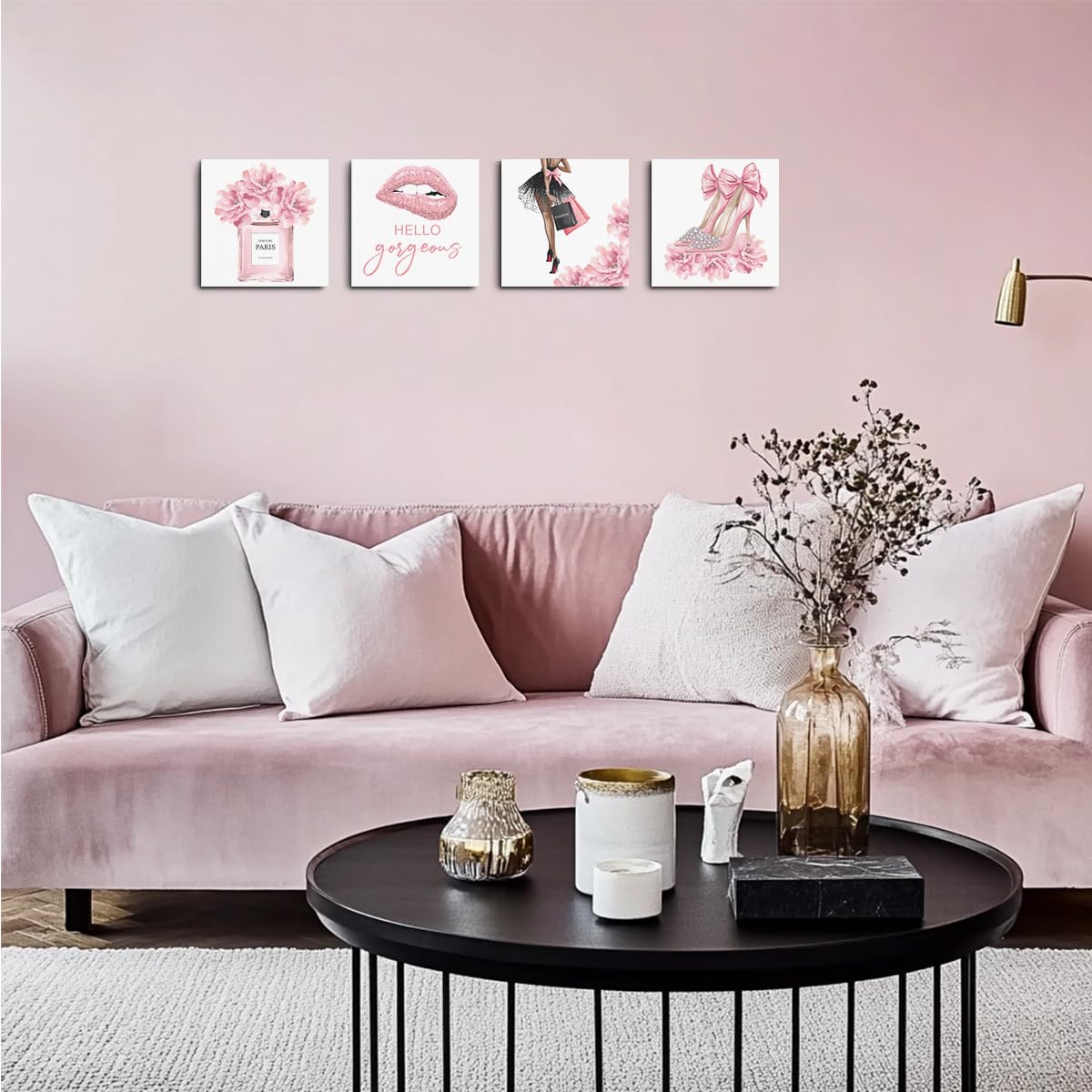 4 Pcs Pink Fashion Canvas Wall Art, Perfume High Heels Lipstick Beauty Wall Decor, Aesthetic Framed Posters Art Prints Artwork P