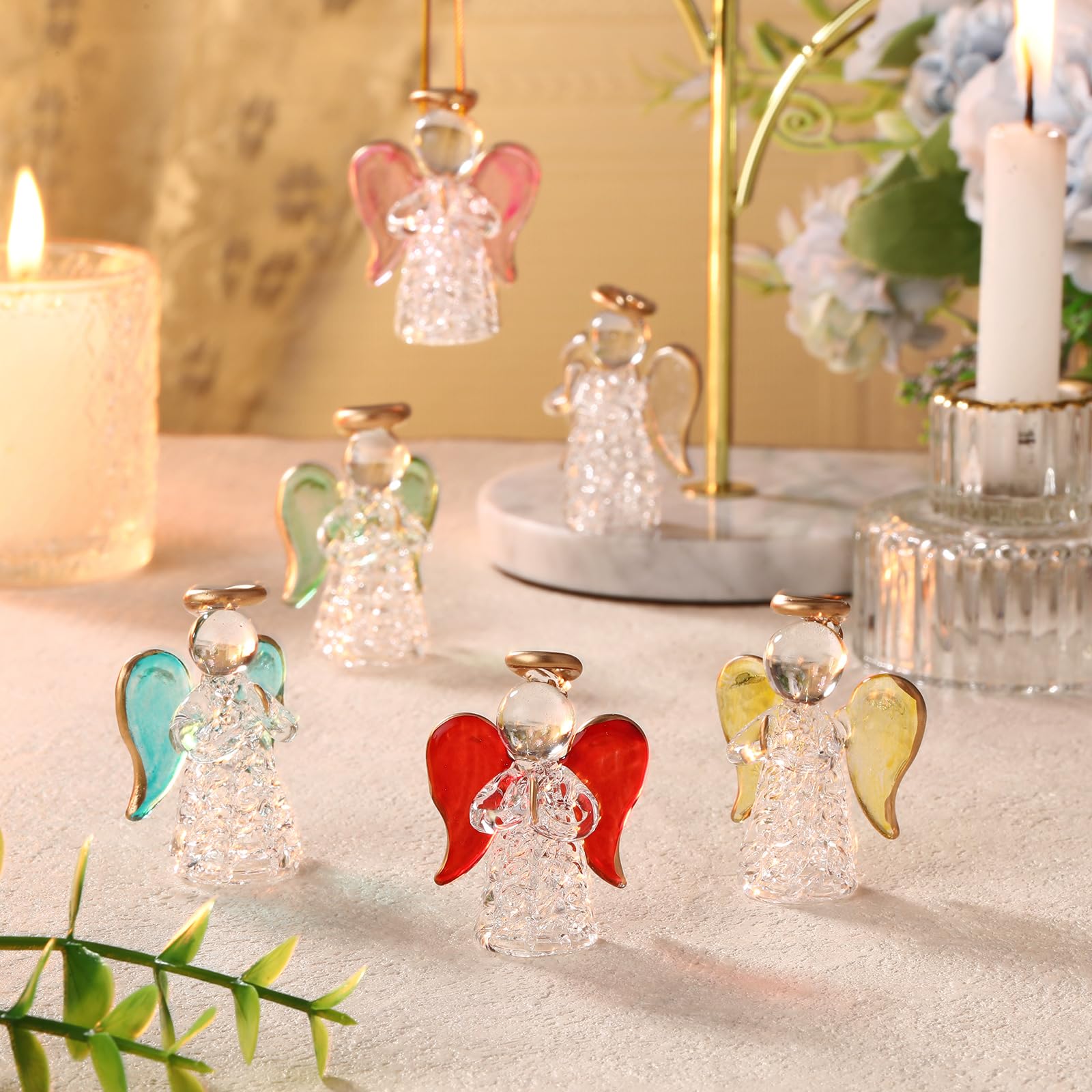 CroBlissful 6 Pcs Crystal Angel Figurines Christmas Ornaments Glass Guardian Angel Ornaments Hanging Decor Christmas Church Gift