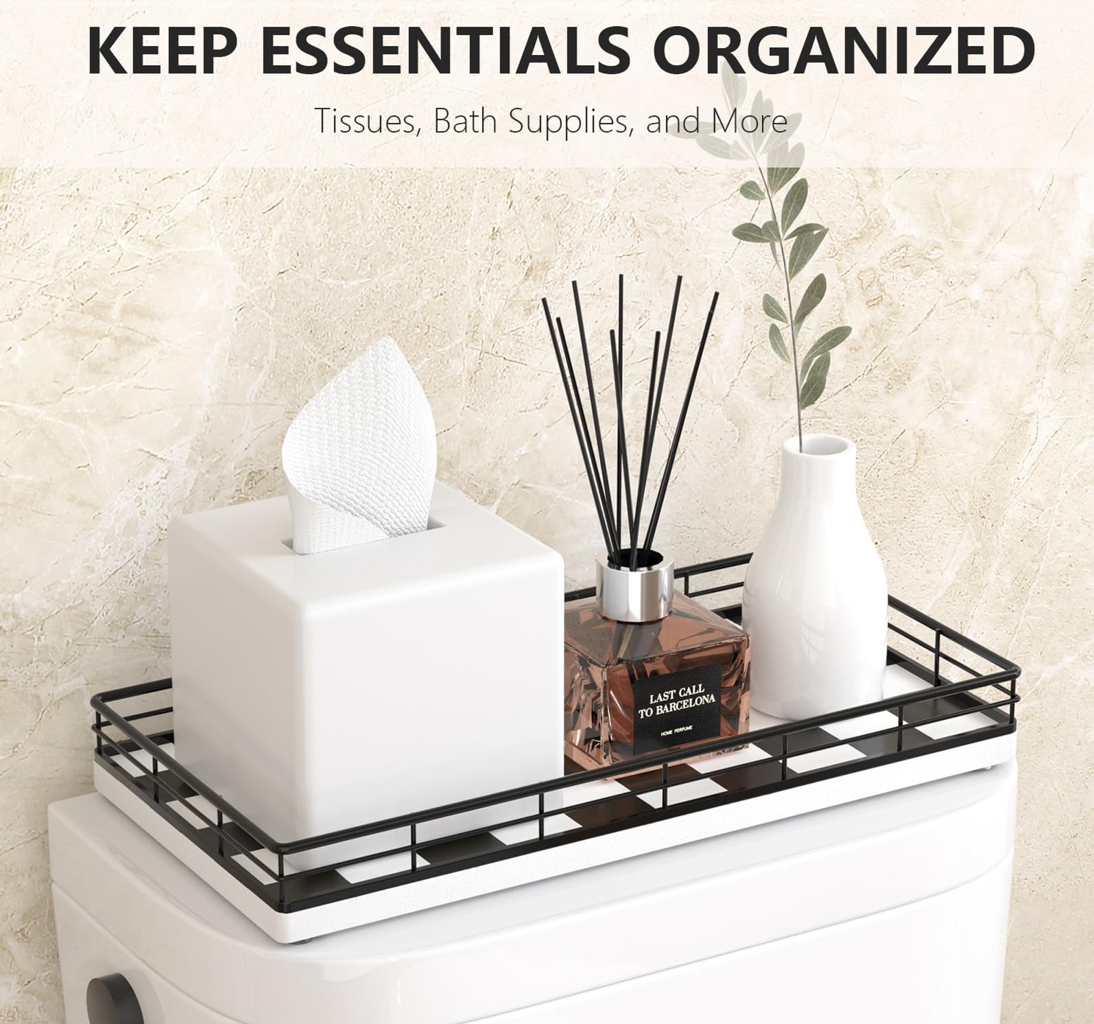 Toilet Tank Tray Organizer - Oak Wood Bathroom Counter Basket with Metal Frame, Back of Toilet or Tank Top Paper Holder Storage