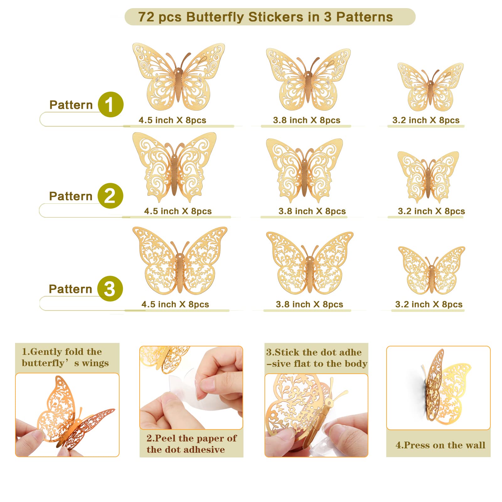 Crosize 72 Pcs Gold Butterfly Decorations  3 Sizes 4 Styles  3D Butterfly Wall Decor  Butterfly Party Decorations  Birthday Decorations  Butterflies for Crafts  Cake Decorating  Wall Stickers Room Decor for Baby Shower Girls Kids