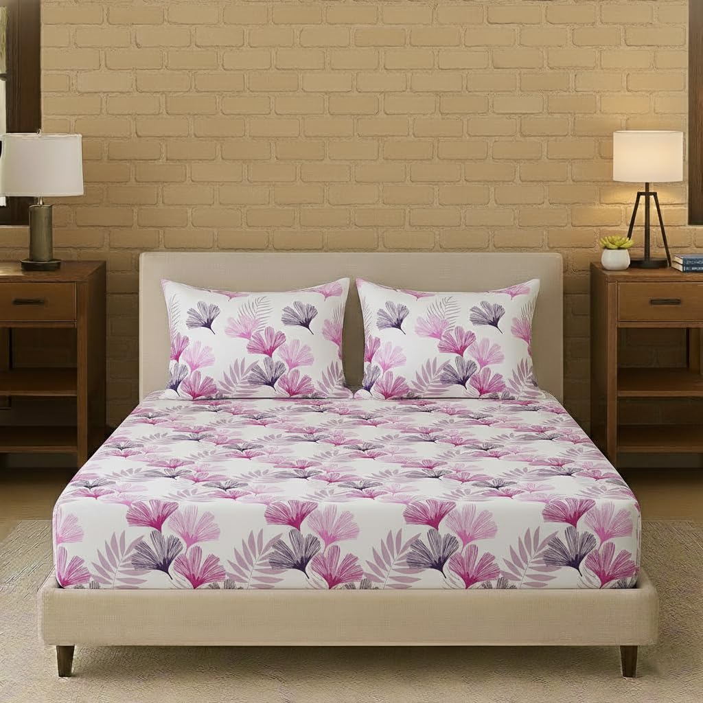 Trance Home Linen 100% Cotton 78X72 Standard King Size Elastic Fitted Bedsheet | Printed King Bed Size Elasticated Fitted Beds